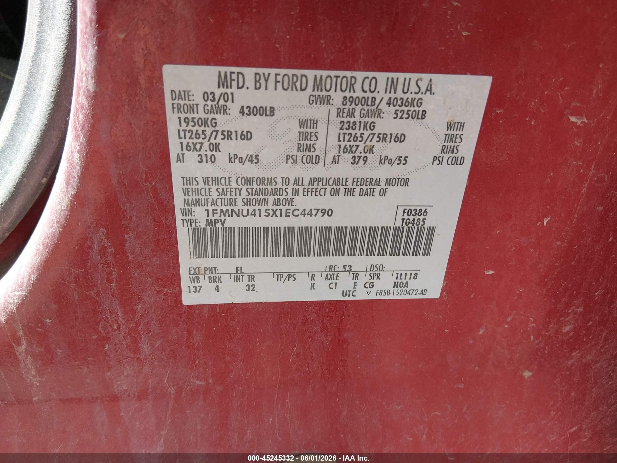 2001 Ford Excursion Xlt Red vin: 1FMNU41SX1EC44790
