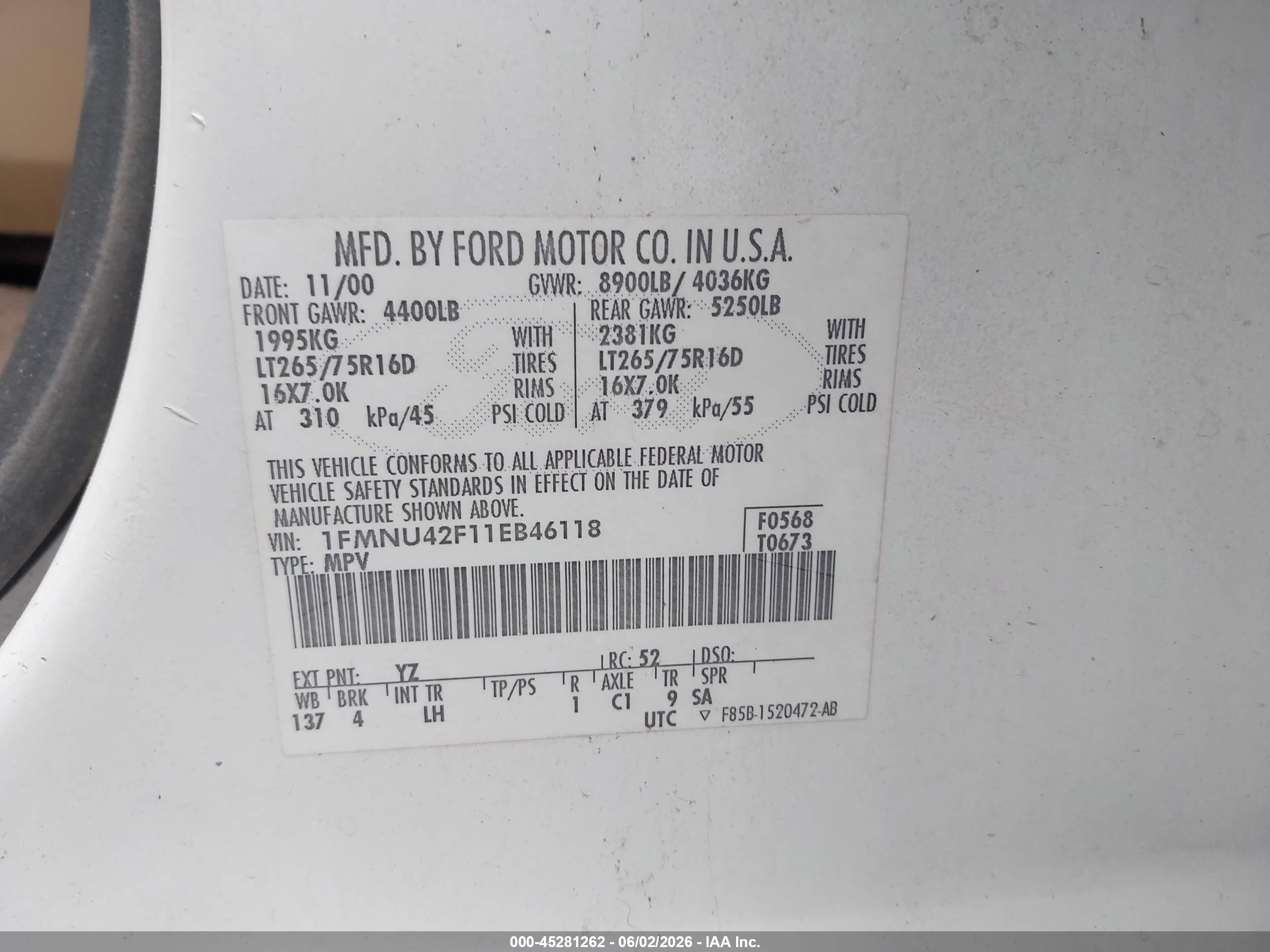 2001 Ford Excursion Limited White vin: 1FMNU42F11EB46118
