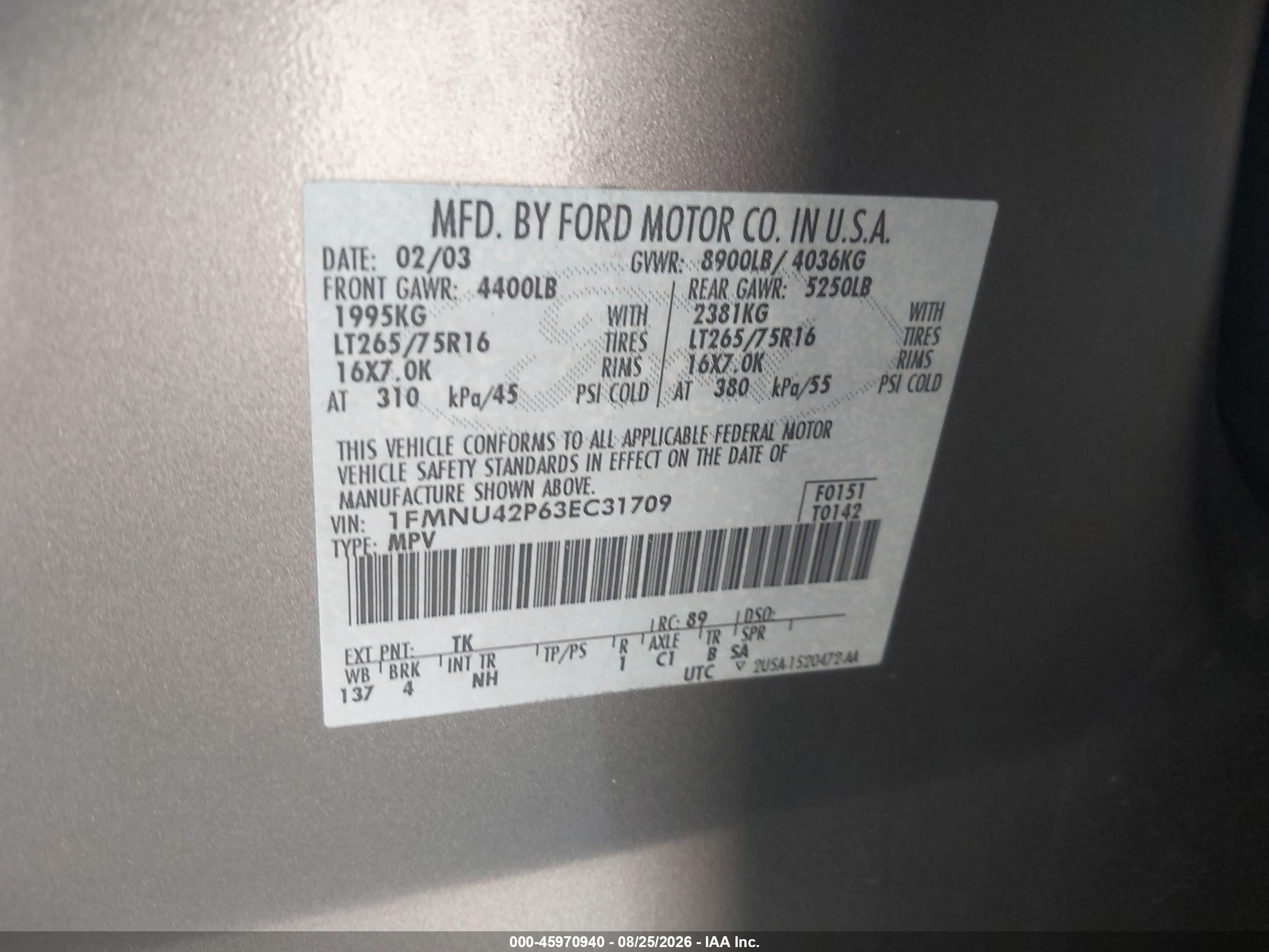 2003 Ford Excursion Limited Champagne vin: 1FMNU42P63EC31709