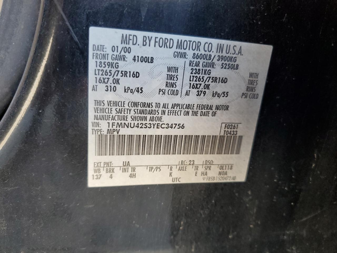 2000 Ford Excursion Limited Black vin: 1FMNU42S3YEC34756