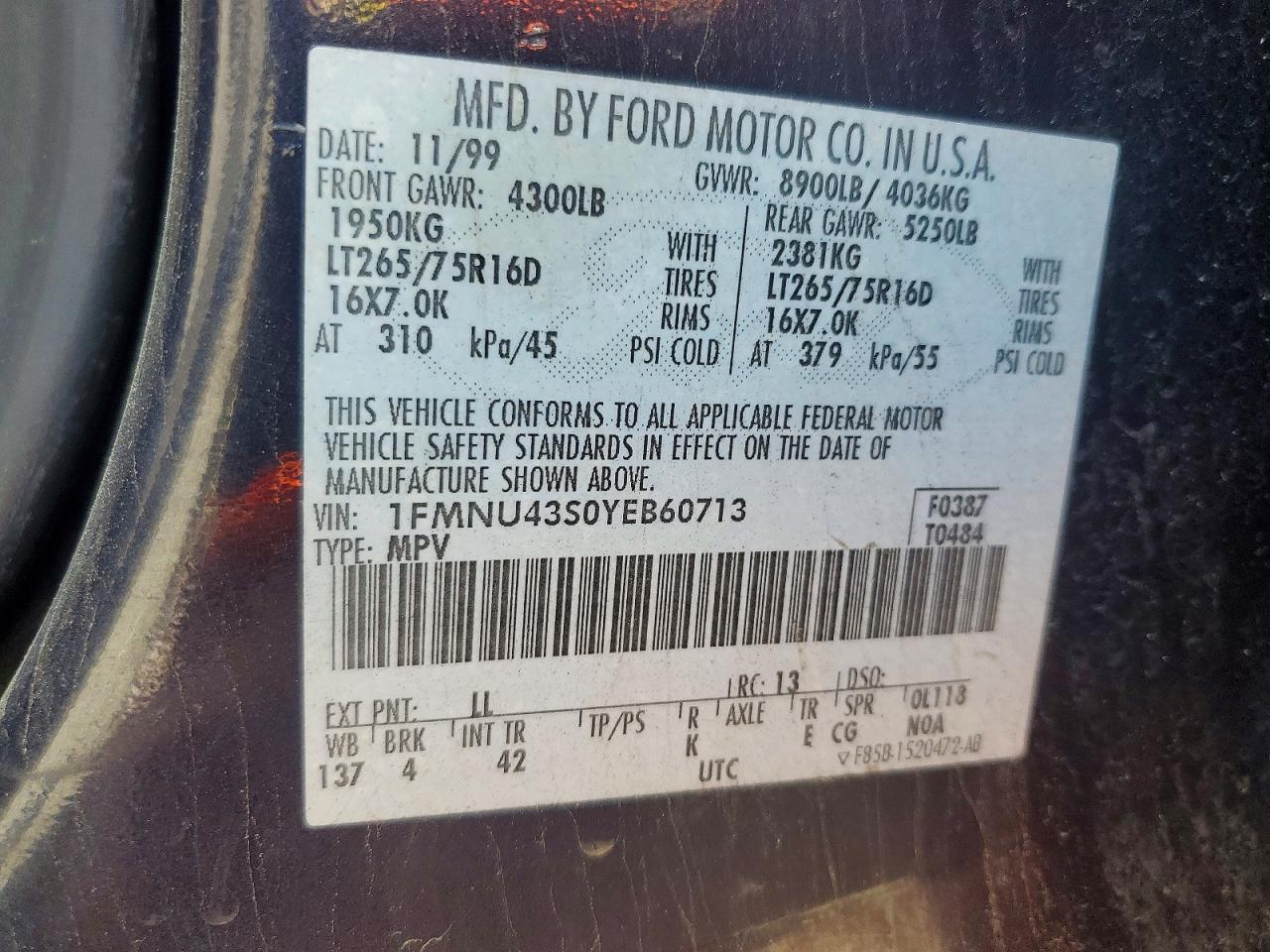 2000 Ford Excursion Limited Blue vin: 1FMNU43S0YEB60713