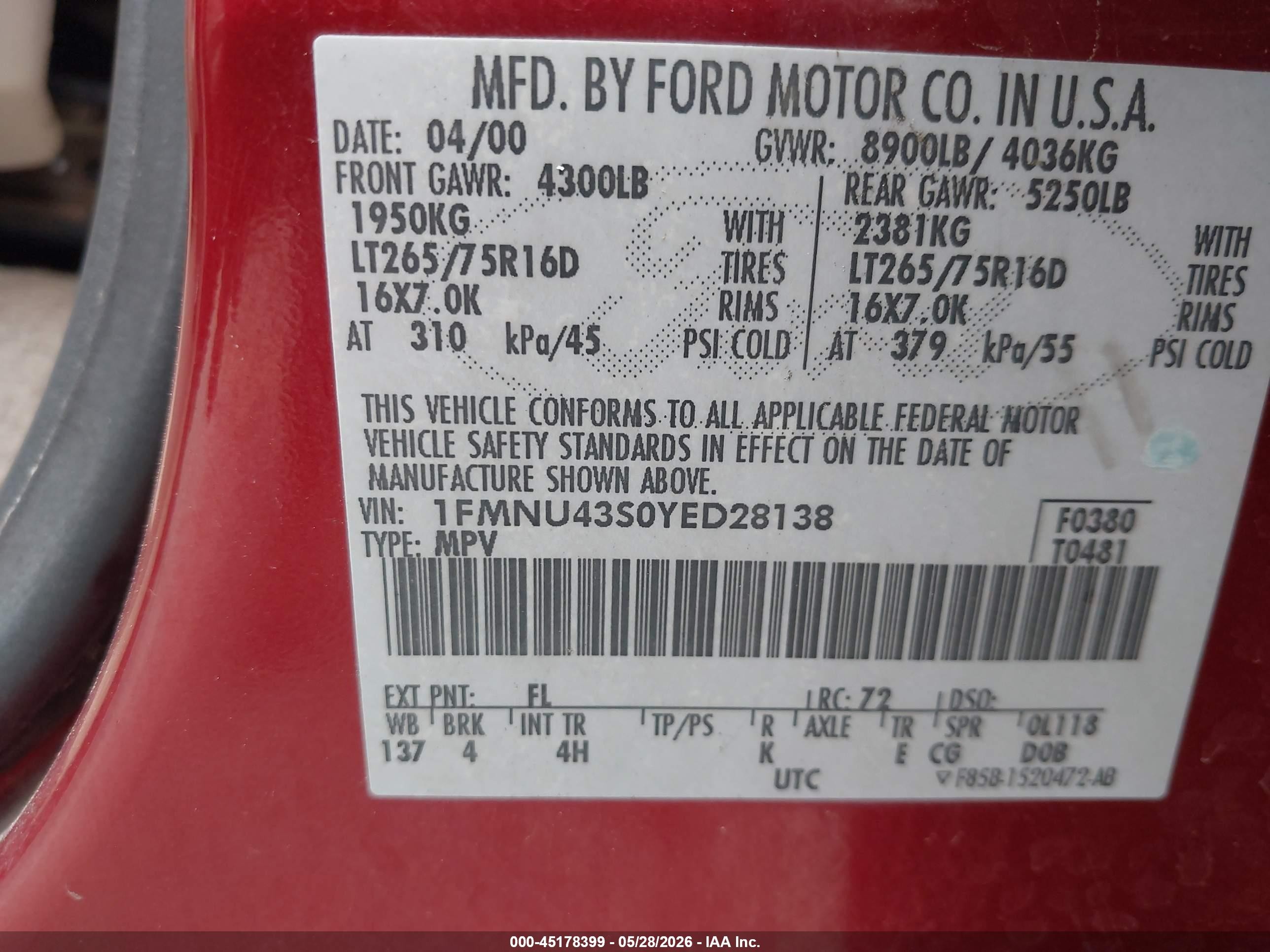 2000 Ford Excursion Limited Red vin: 1FMNU43S0YED28138