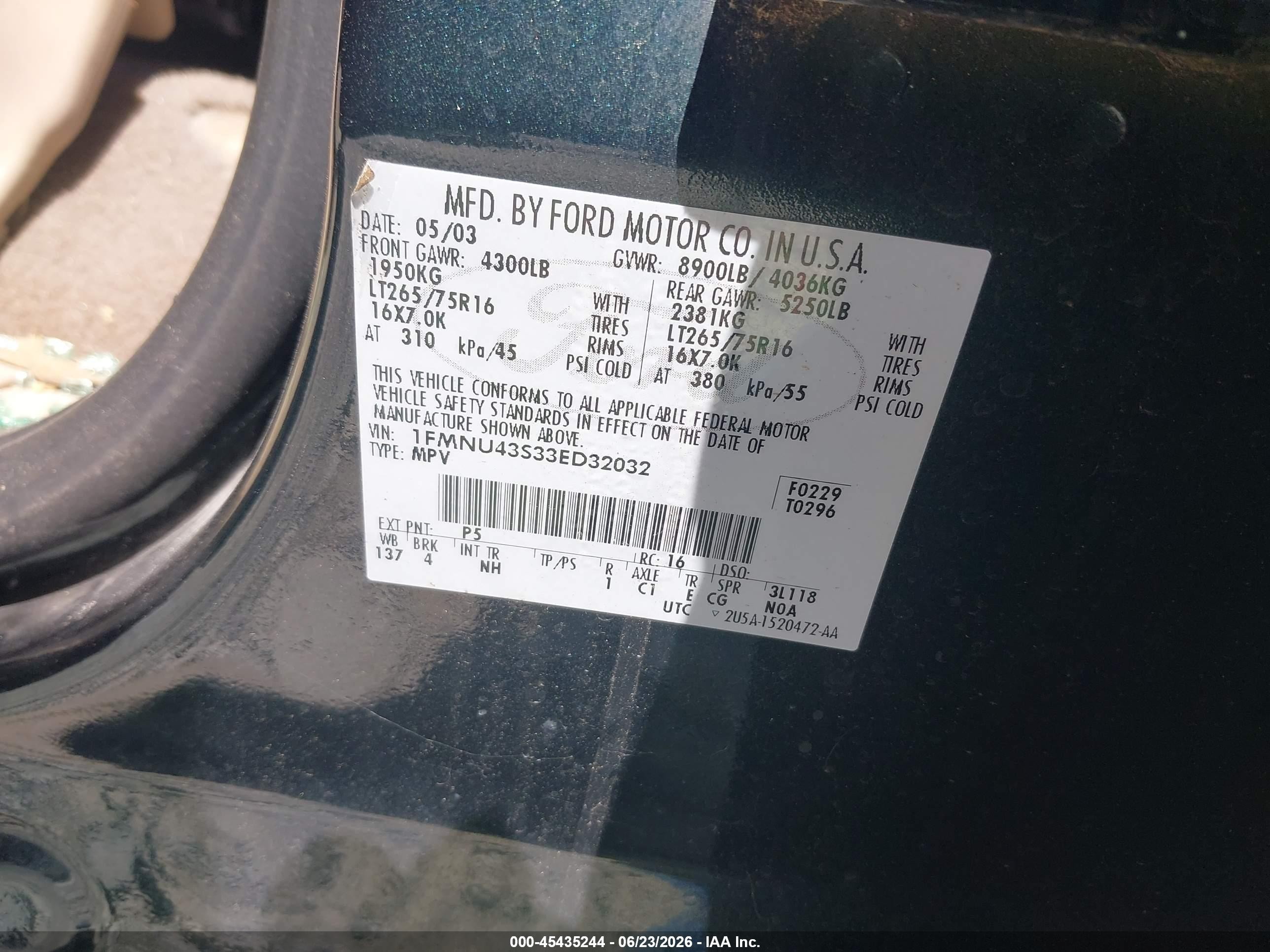 2003 Ford Excursion Limited Green vin: 1FMNU43S33ED32032