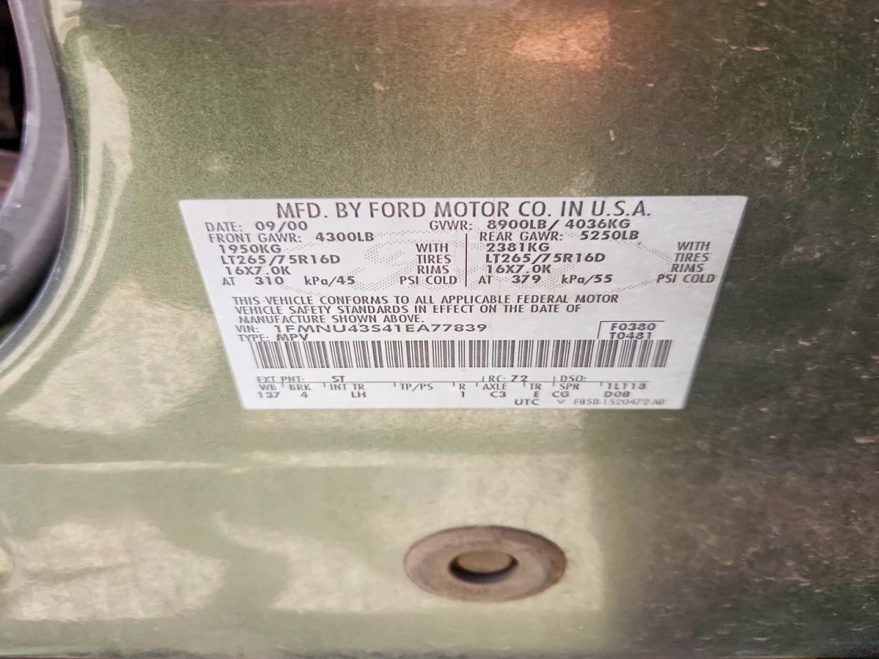 2001 Ford Excursion Limited Green vin: 1FMNU43S41EA77839