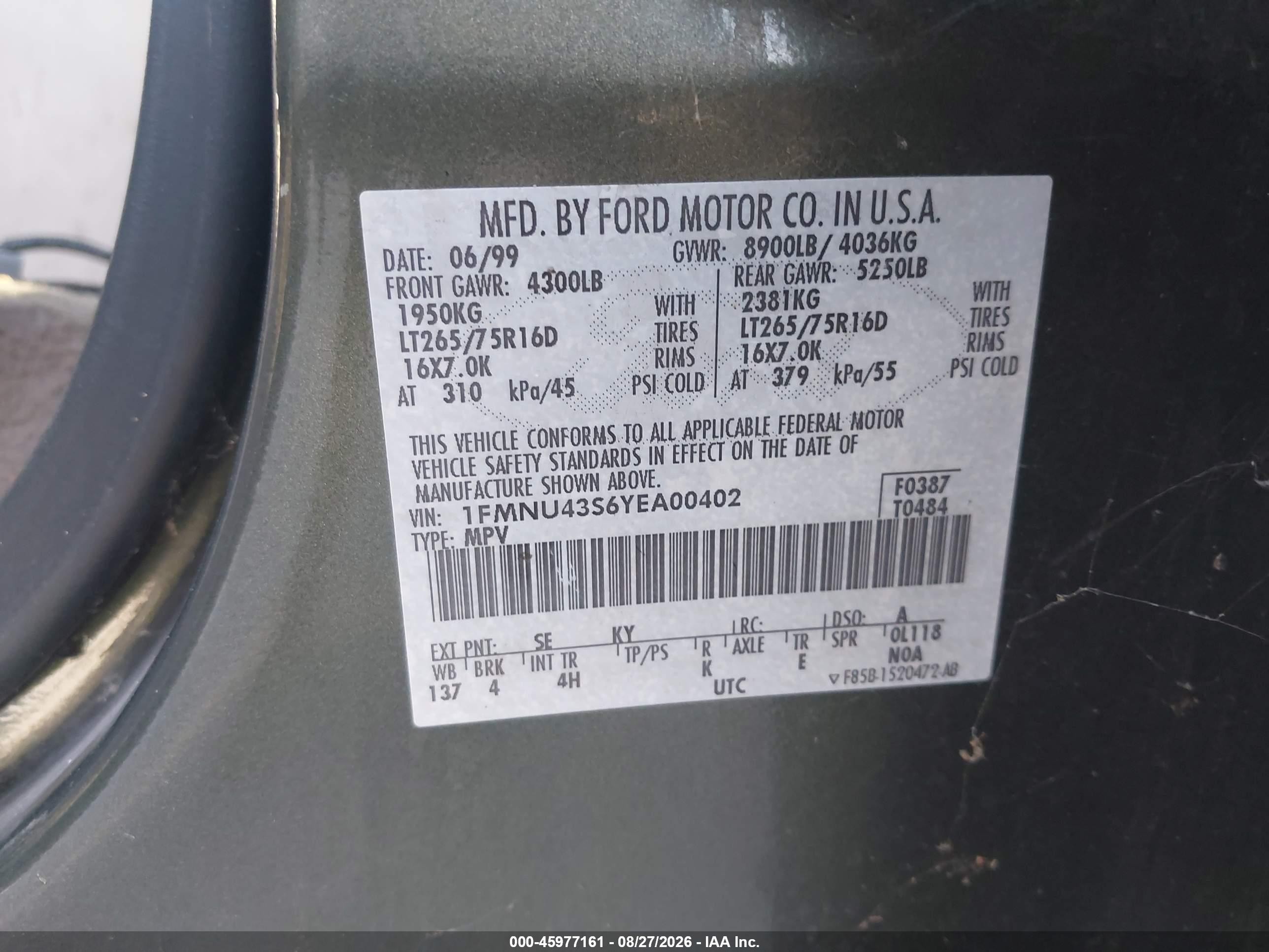 2000 Ford Excursion Limited Green vin: 1FMNU43S6YEA00402