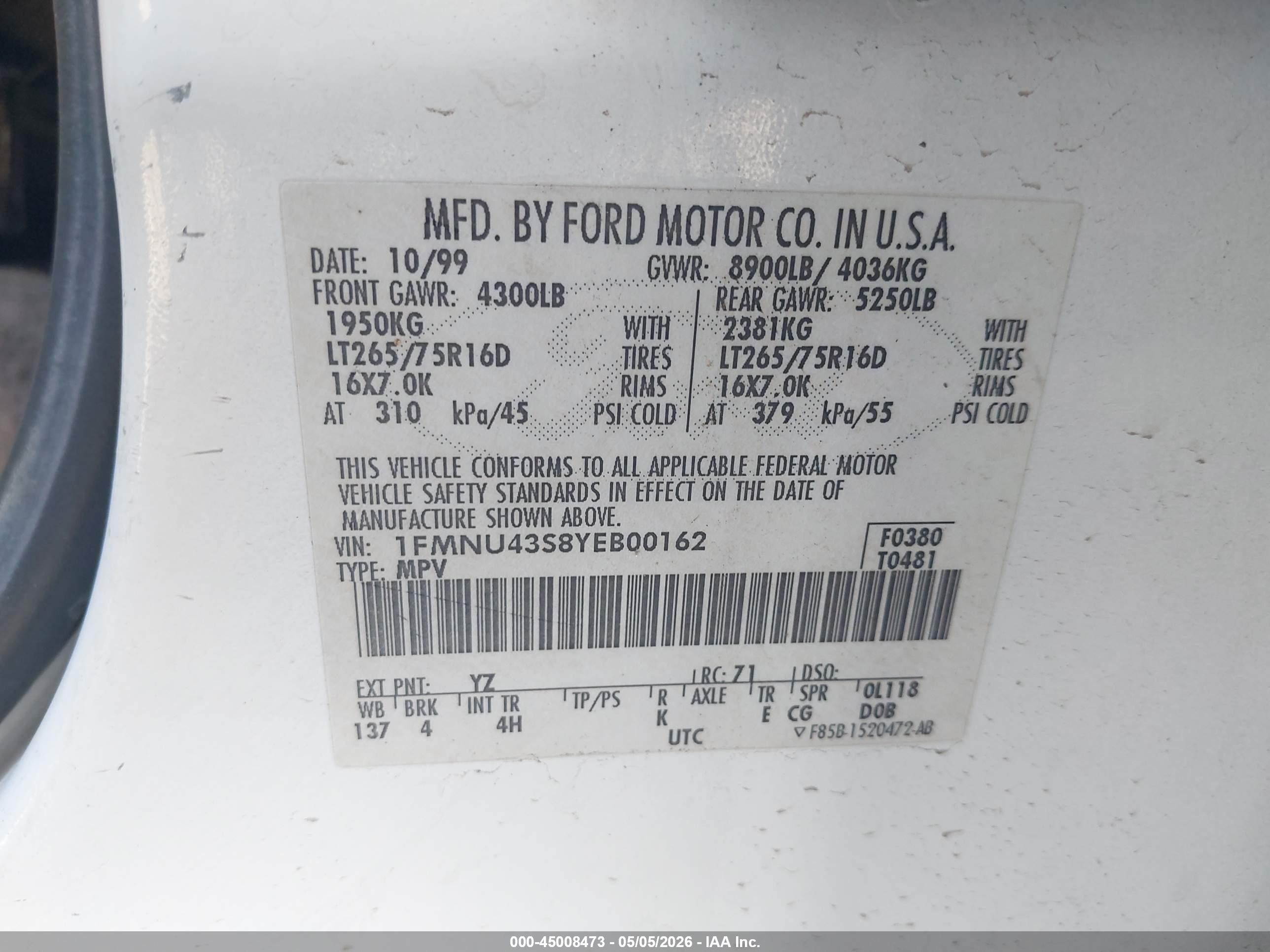 2000 Ford Excursion Limited White vin: 1FMNU43S8YEB00162