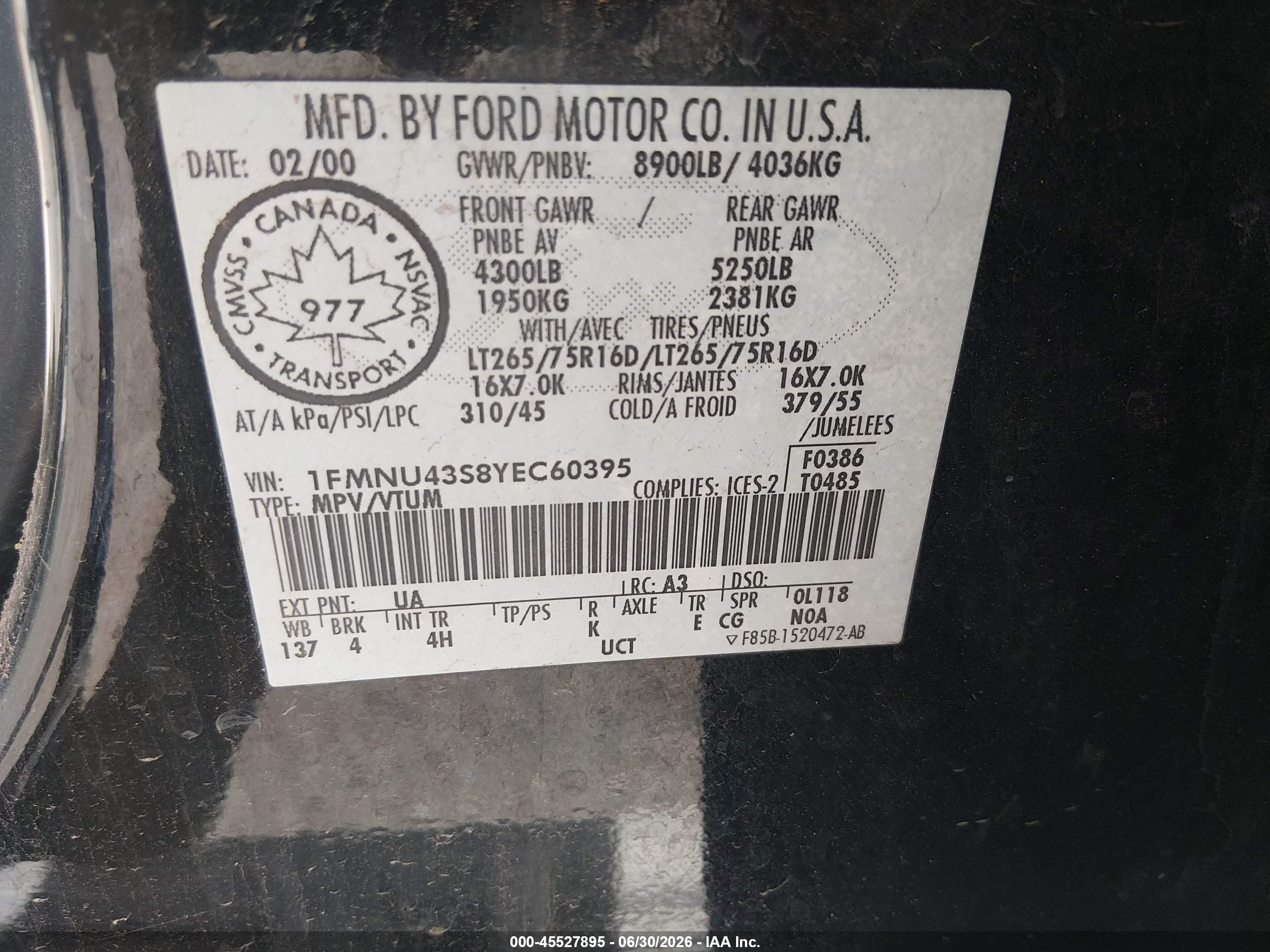 2000 Ford Excursion Limited Black vin: 1FMNU43S8YEC60395