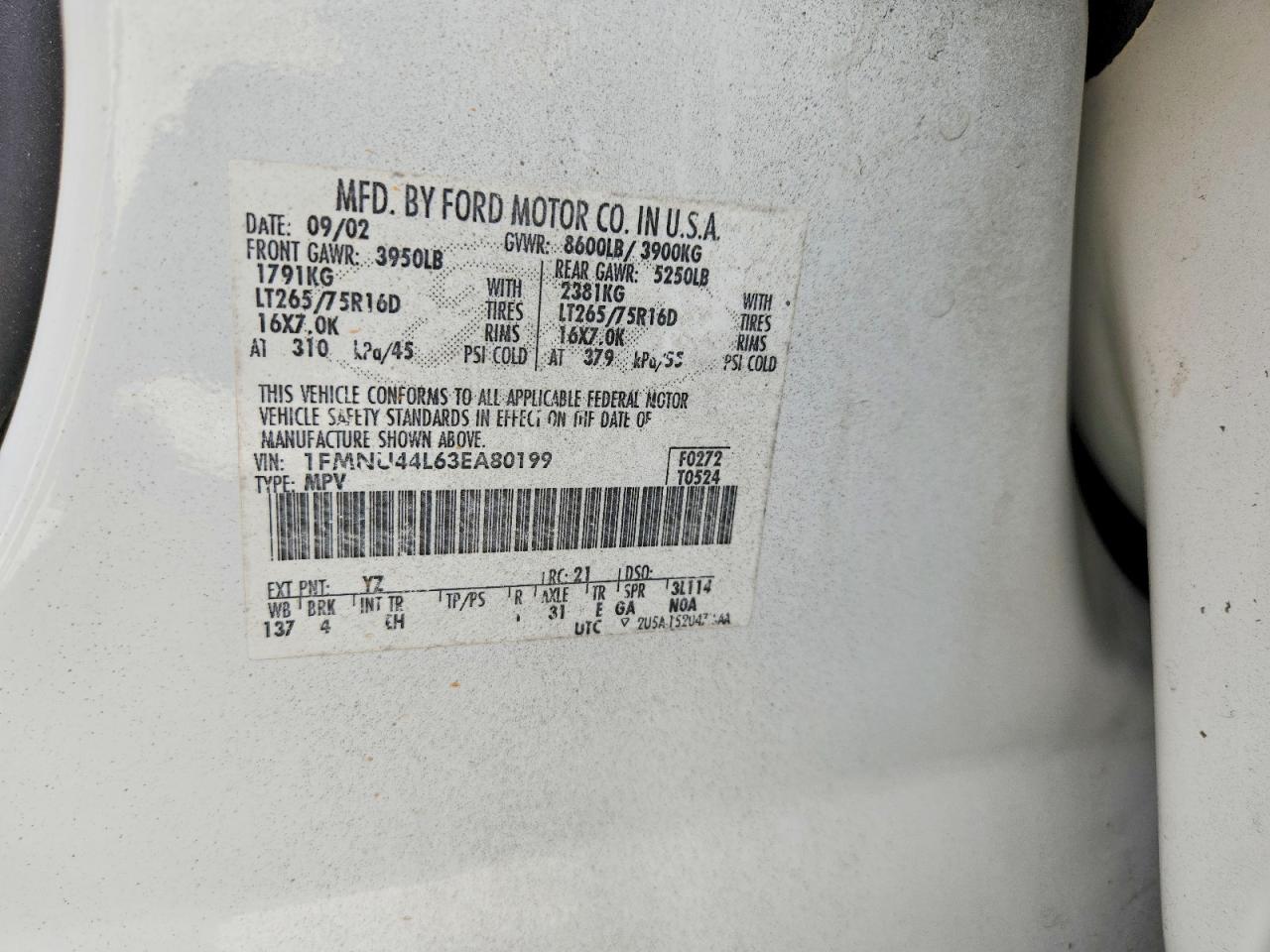 2003 Ford Excursion Eddie Bauer White vin: 1FMNU44L63EA80199