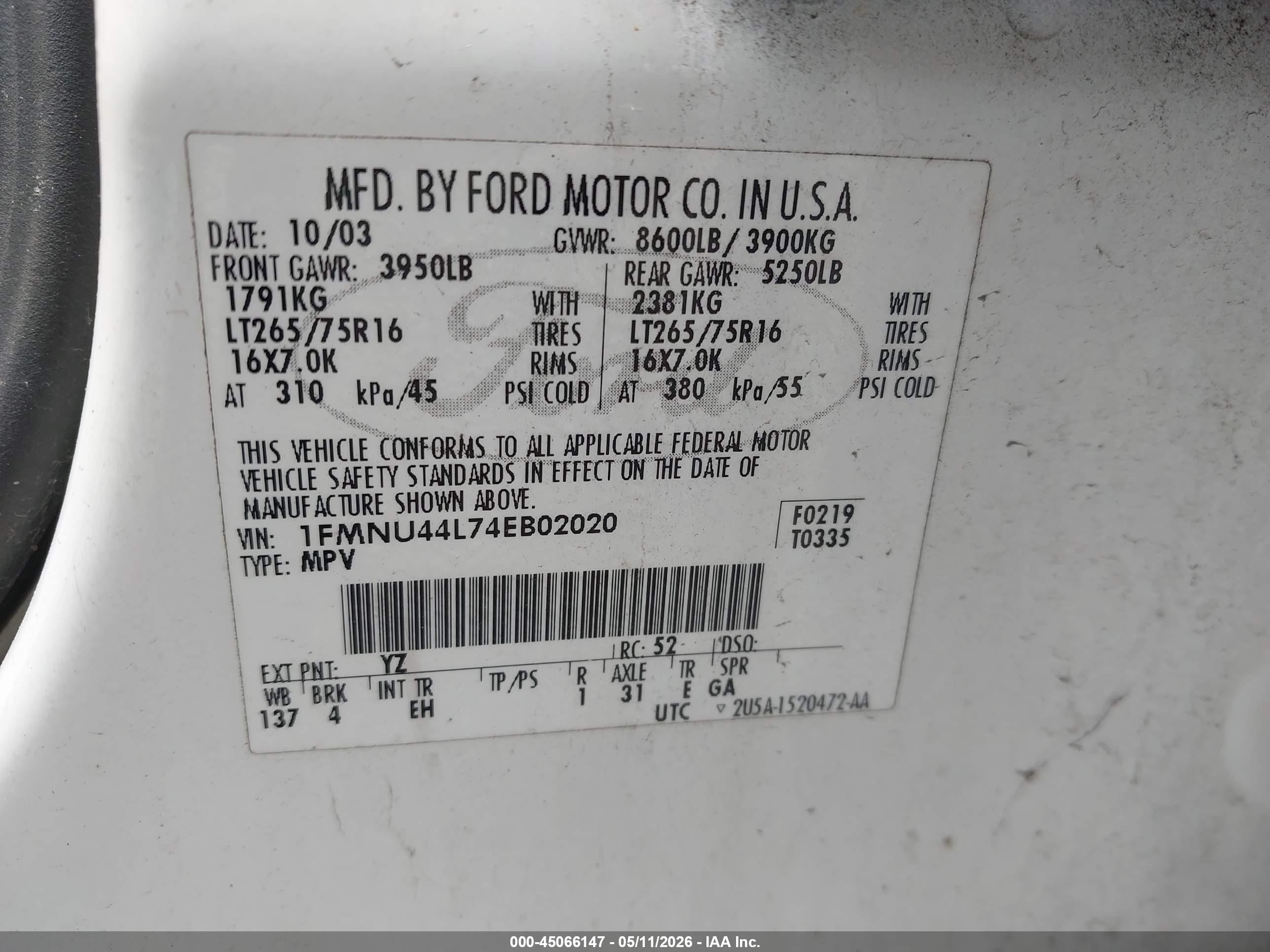 2004 Ford Excursion Eddie Bauer White vin: 1FMNU44L74EB02020