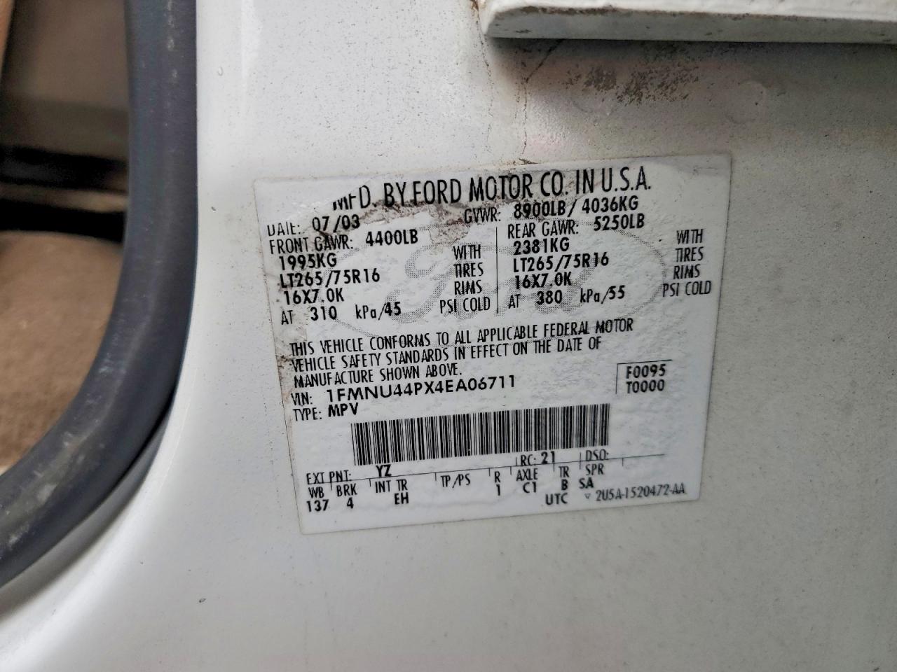 2004 Ford Excursion Eddie Bauer White vin: 1FMNU44PX4EA06711
