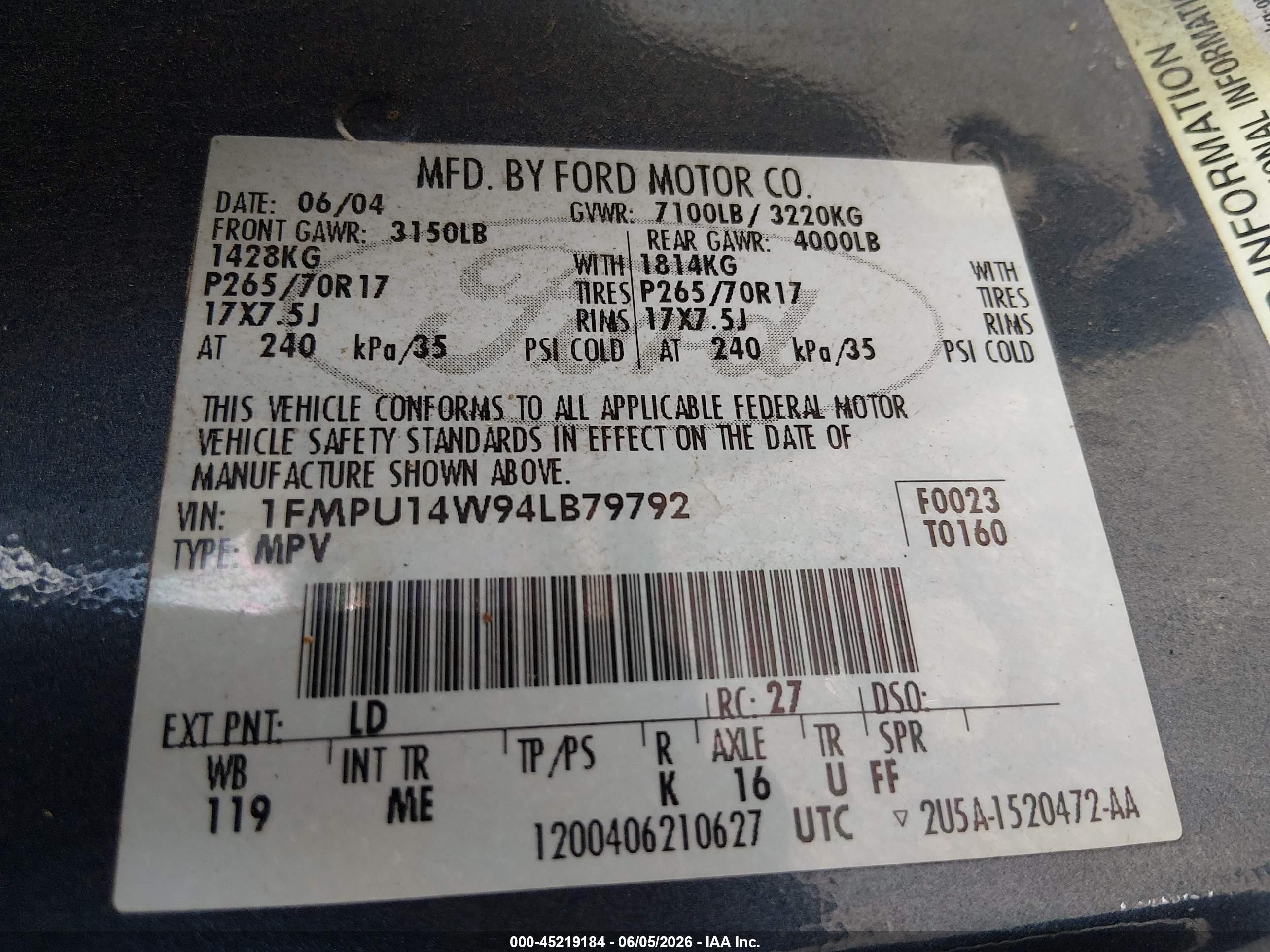 2004 Ford Expedition Xls Blue vin: 1FMPU14W94LB79792