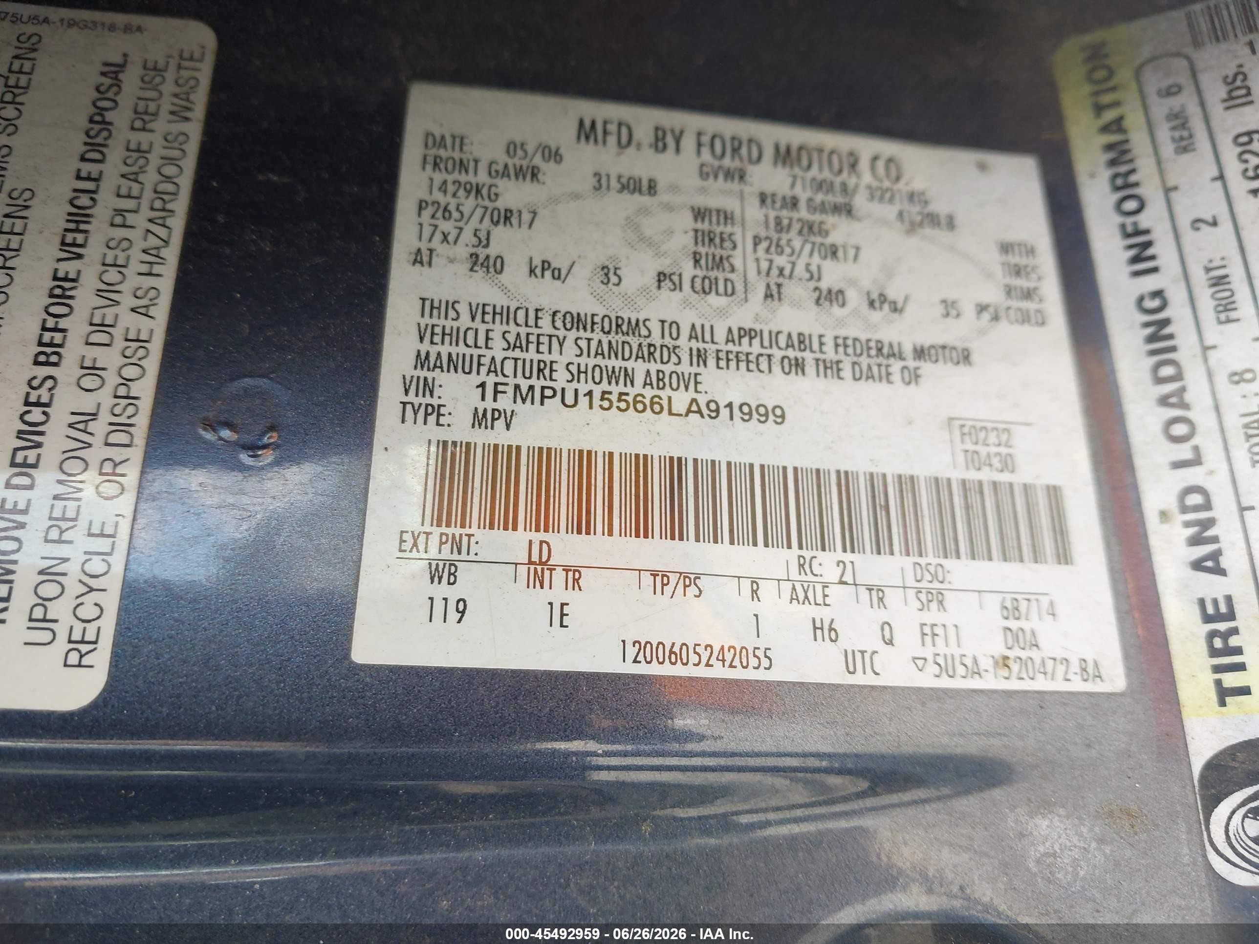 2006 Ford Expedition Xlt/xlt Sport Light Blue vin: 1FMPU15566LA91999