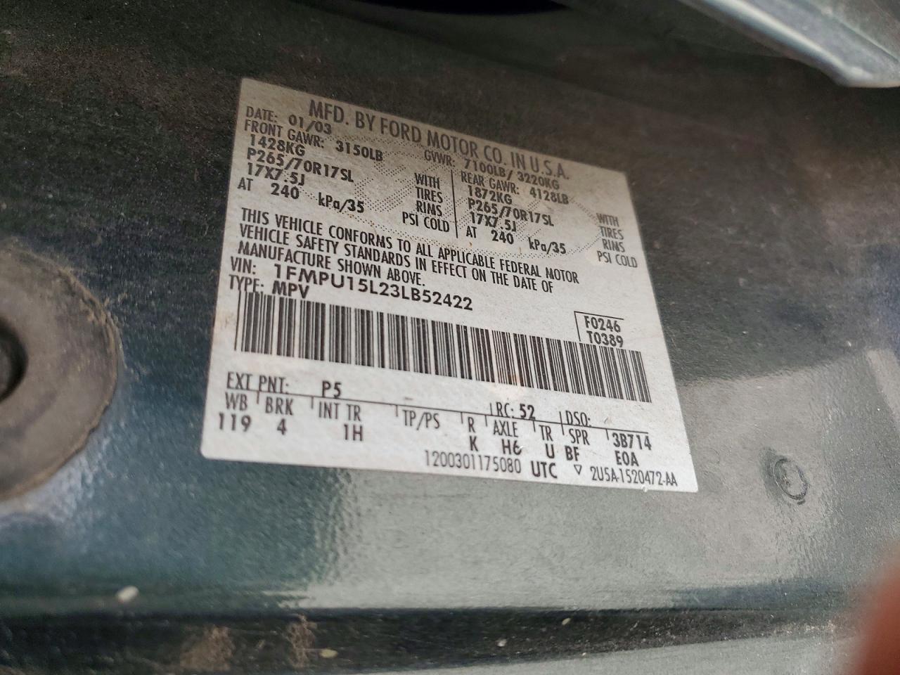 2003 Ford Expedition Xlt Black vin: 1FMPU15L23LB52422
