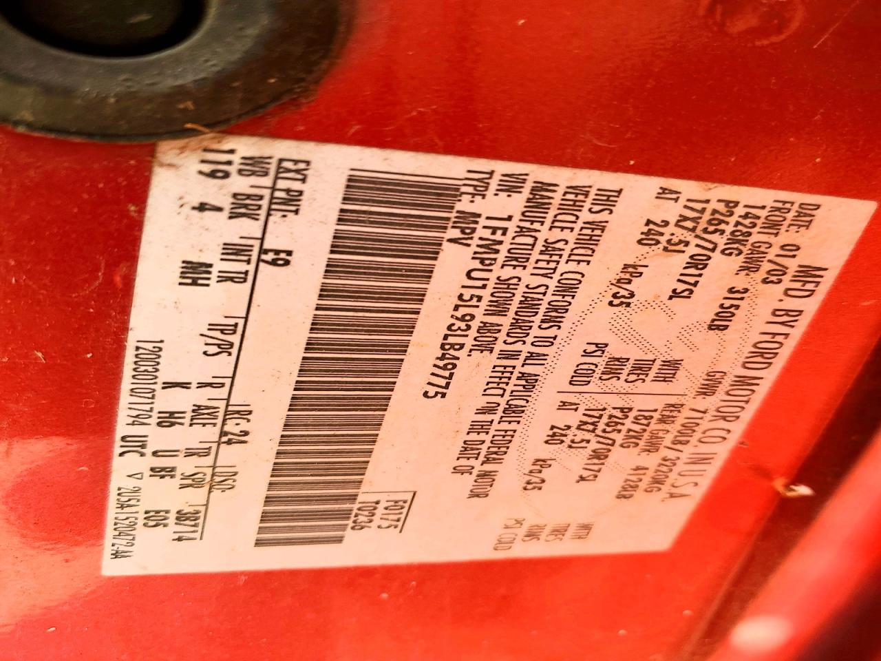 2003 Ford Expedition Xlt Red vin: 1FMPU15L93LB49775