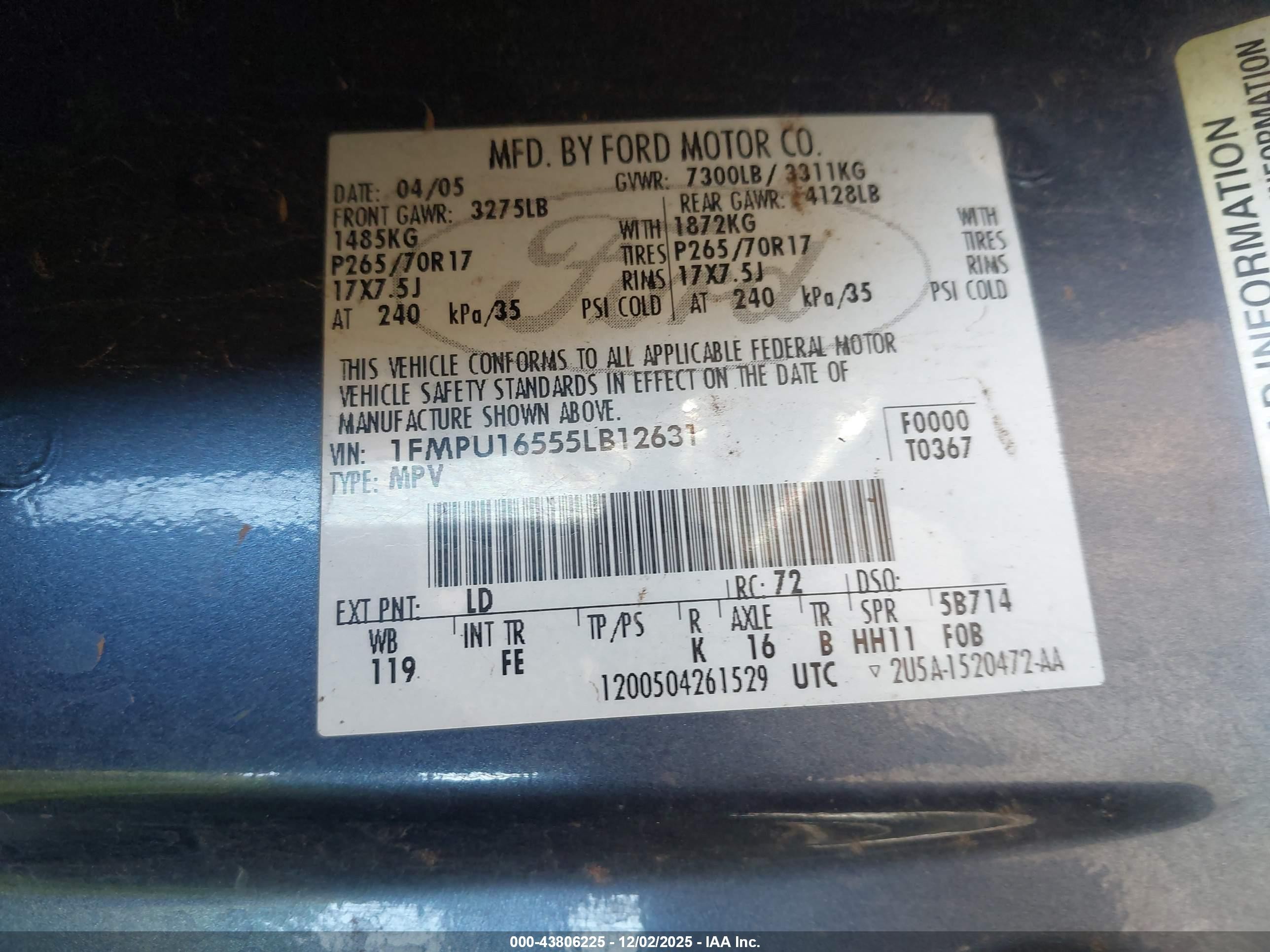 2005 Ford Expedition Nbx/xlt Blue vin: 1FMPU16555LB12631