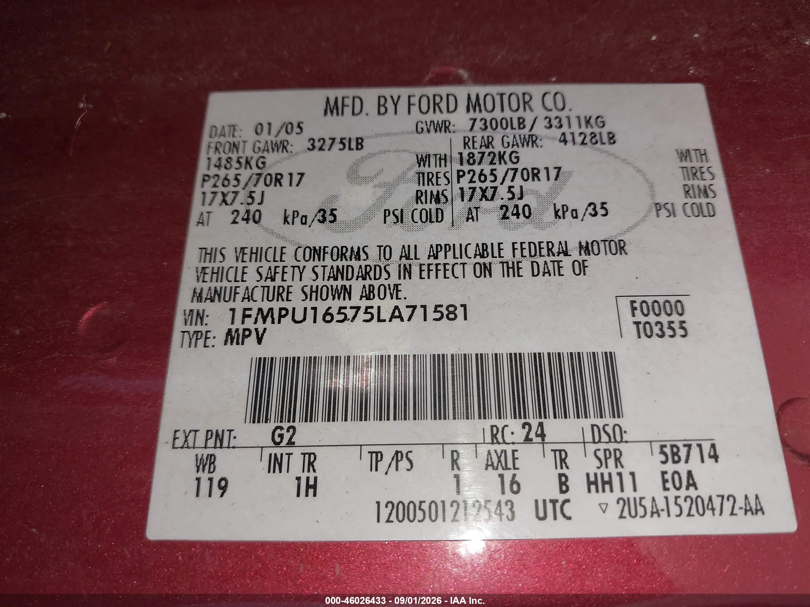2005 Ford Expedition Nbx/xlt Red vin: 1FMPU16575LA71581