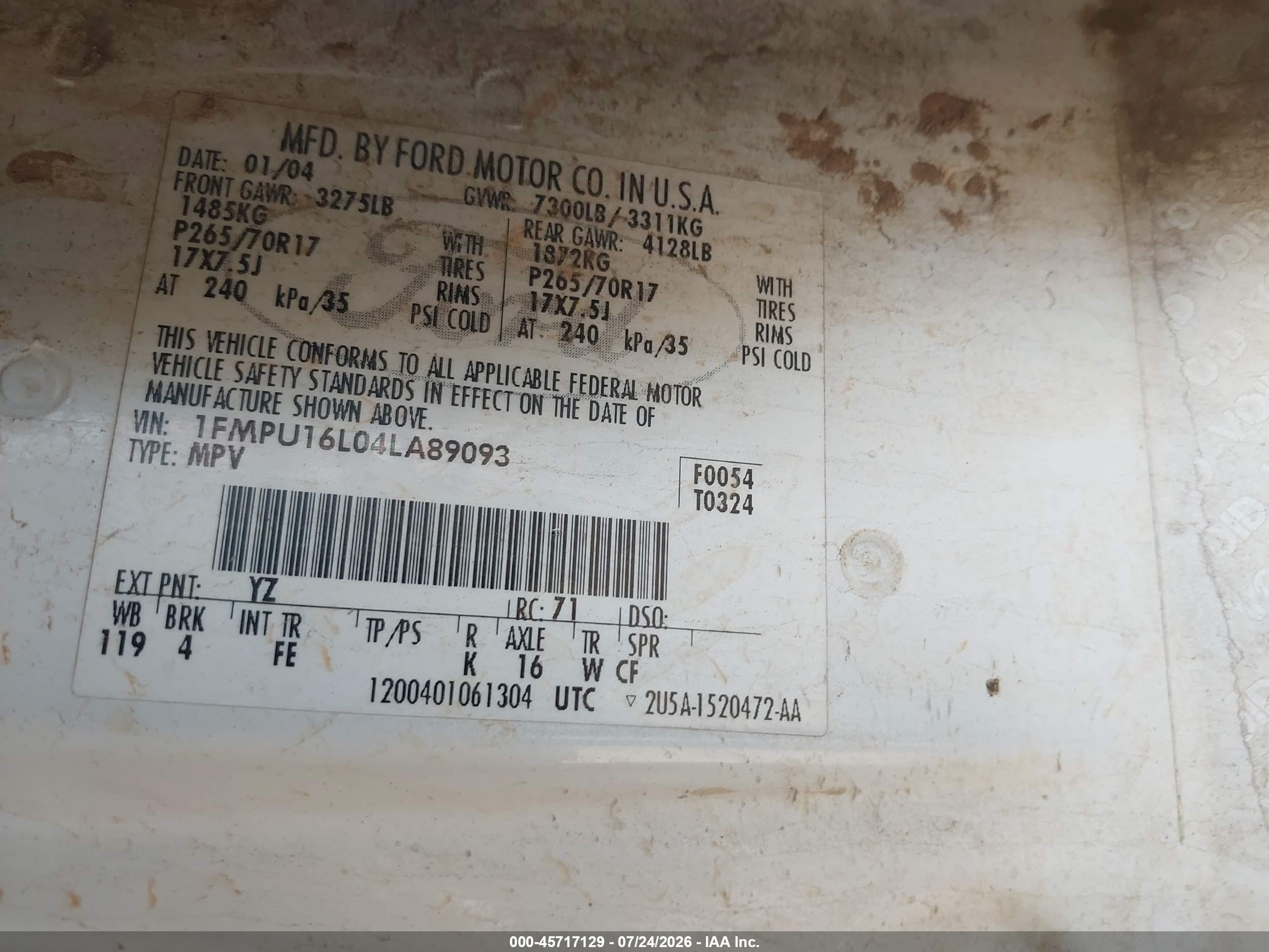 2004 Ford Expedition Nbx/xlt White vin: 1FMPU16L04LA89093