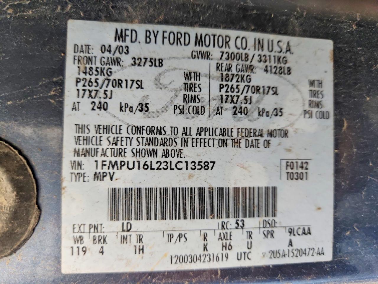 2003 Ford Expedition Xlt Blue vin: 1FMPU16L23LC13587