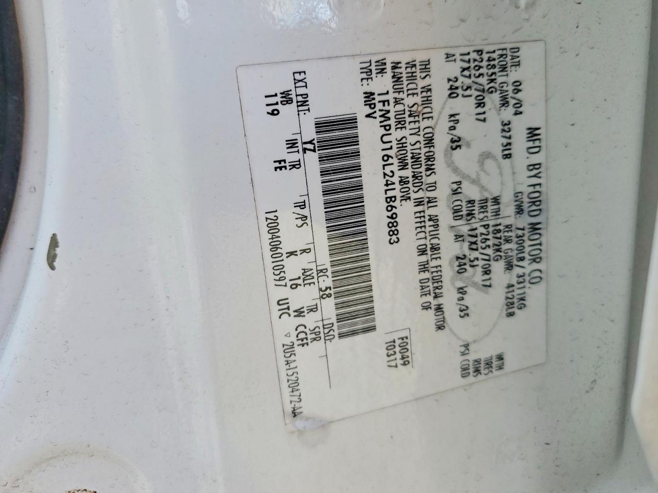 2004 Ford Expedition Xlt White vin: 1FMPU16L24LB69883