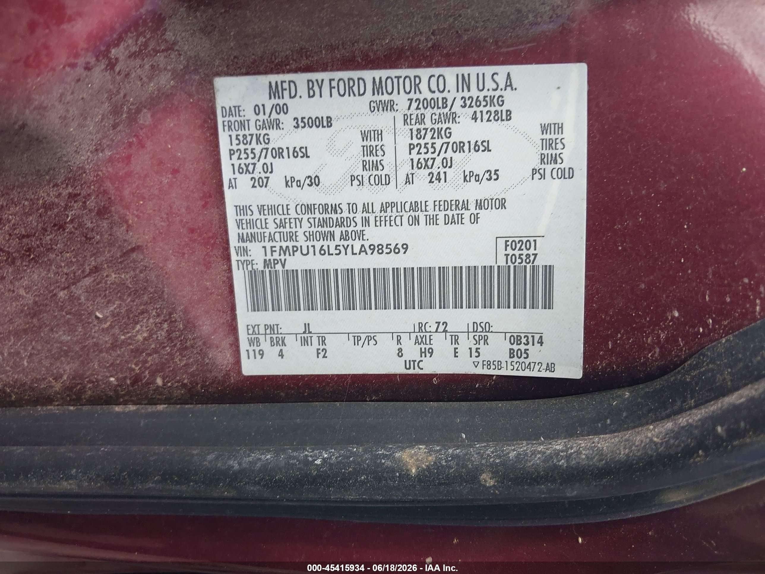 2000 Ford Expedition Xlt Red vin: 1FMPU16L5YLA98569