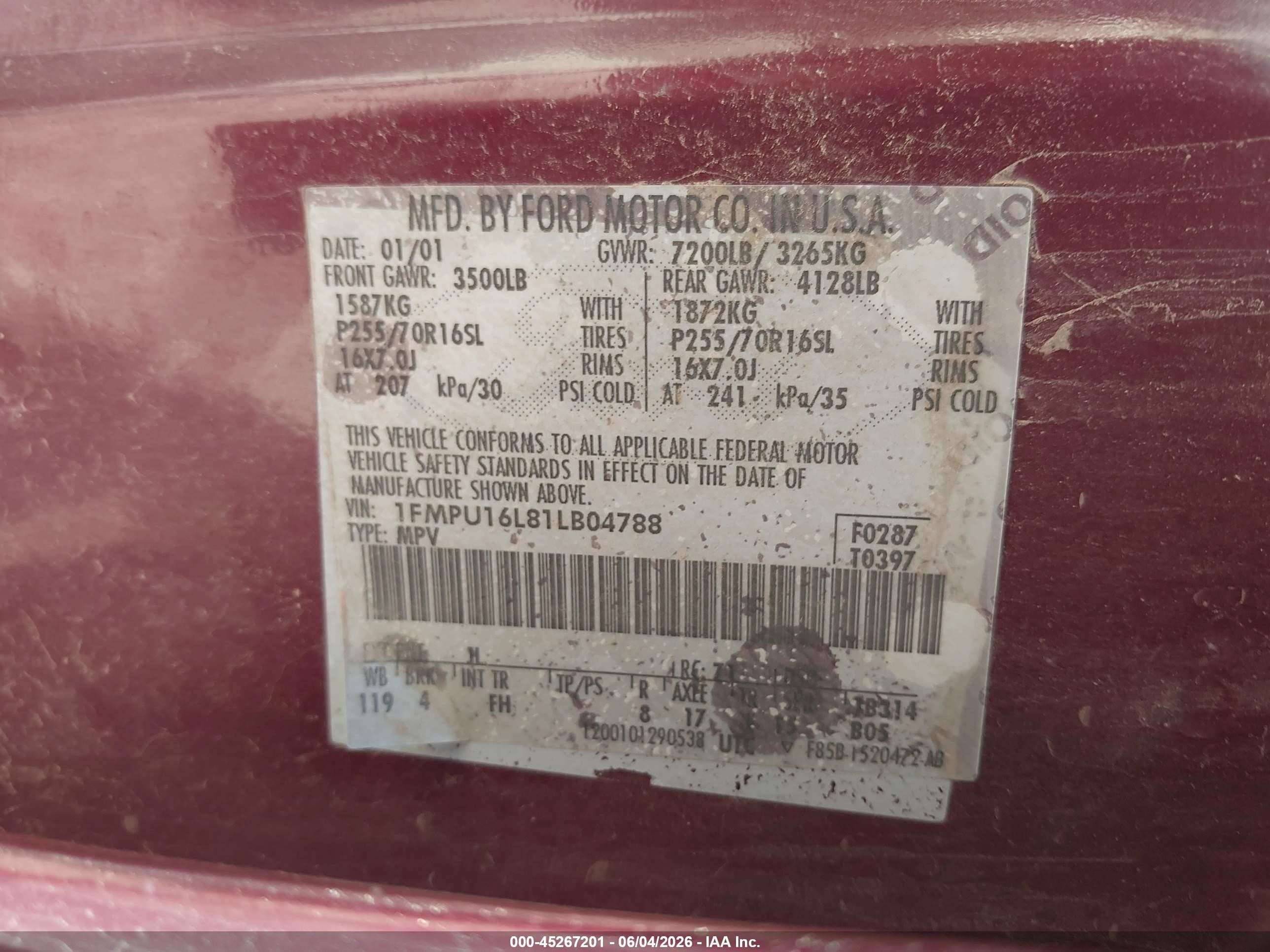 2001 Ford Expedition Xlt Burgundy vin: 1FMPU16L81LB04788
