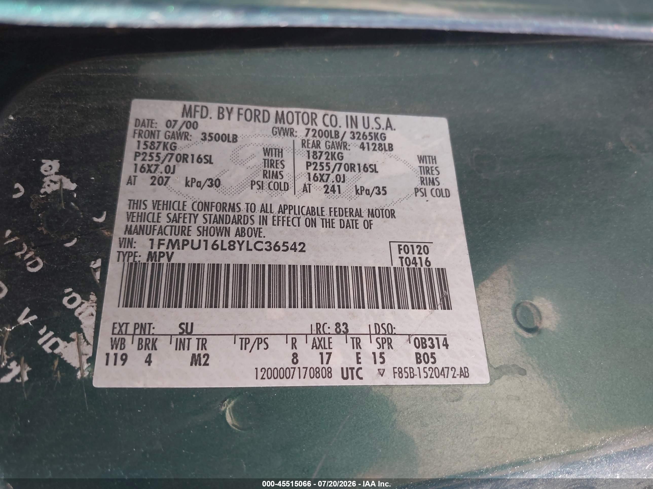 2000 Ford Expedition Xlt Green vin: 1FMPU16L8YLC36542
