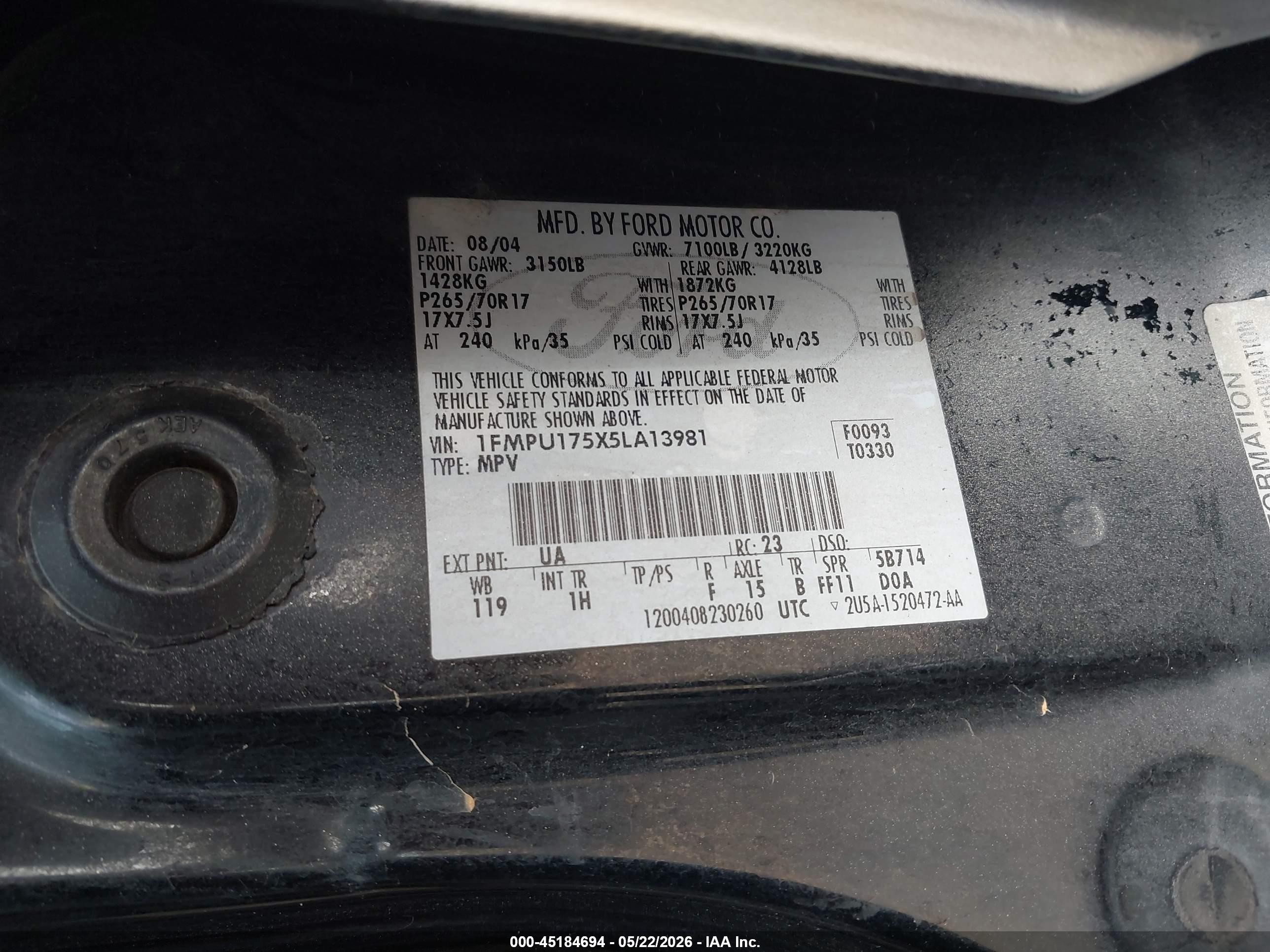 2005 Ford Expedition Eddie Bauer/king Ranch Black vin: 1FMPU175X5LA13981