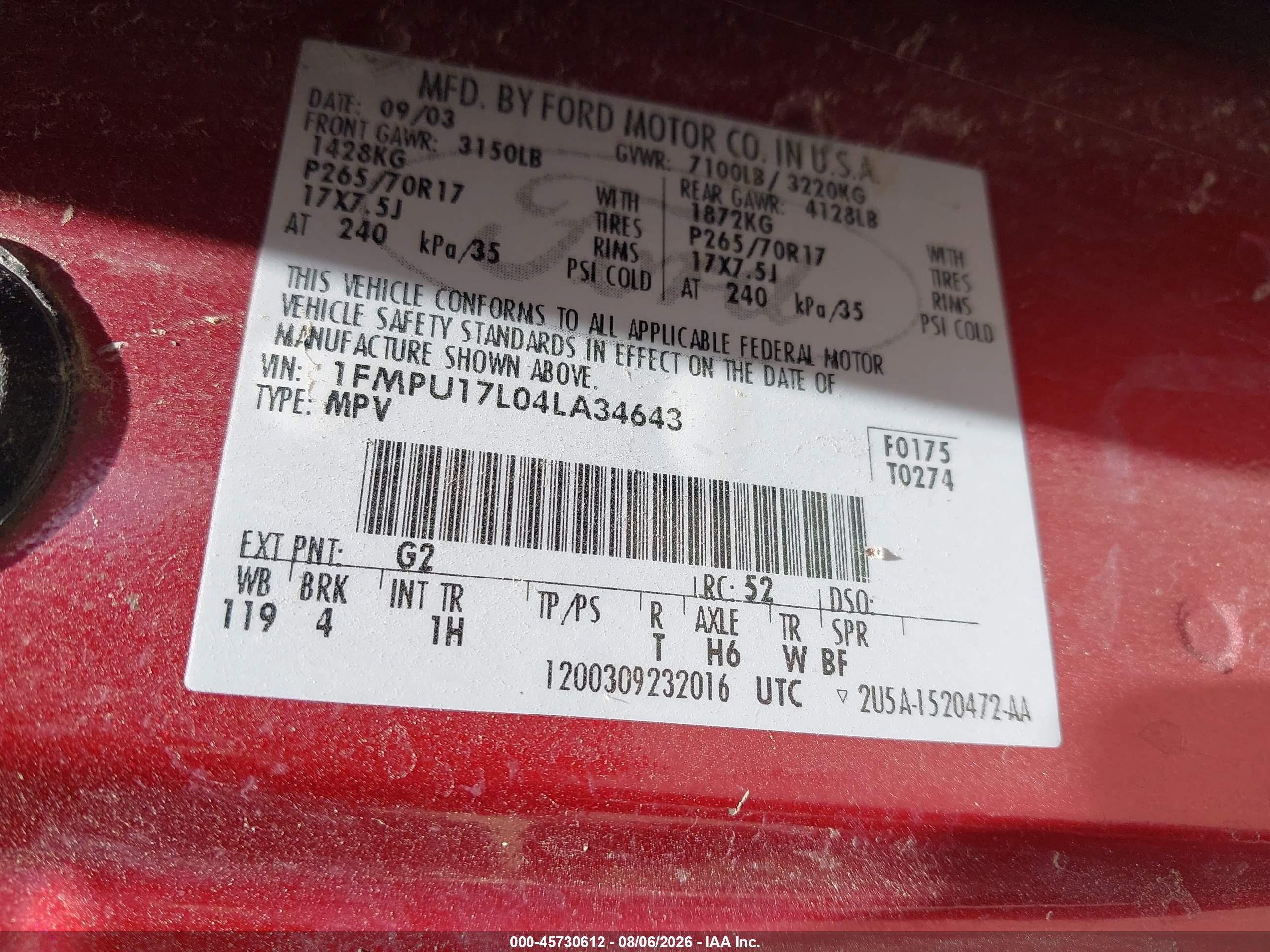 2004 Ford Expedition Eddie Bauer Red vin: 1FMPU17L04LA34643
