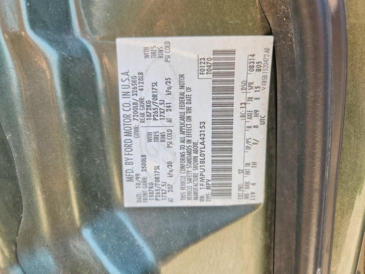 2000 Ford Expedition Eddie Bauer Green vin: 1FMPU18L0YLA43153