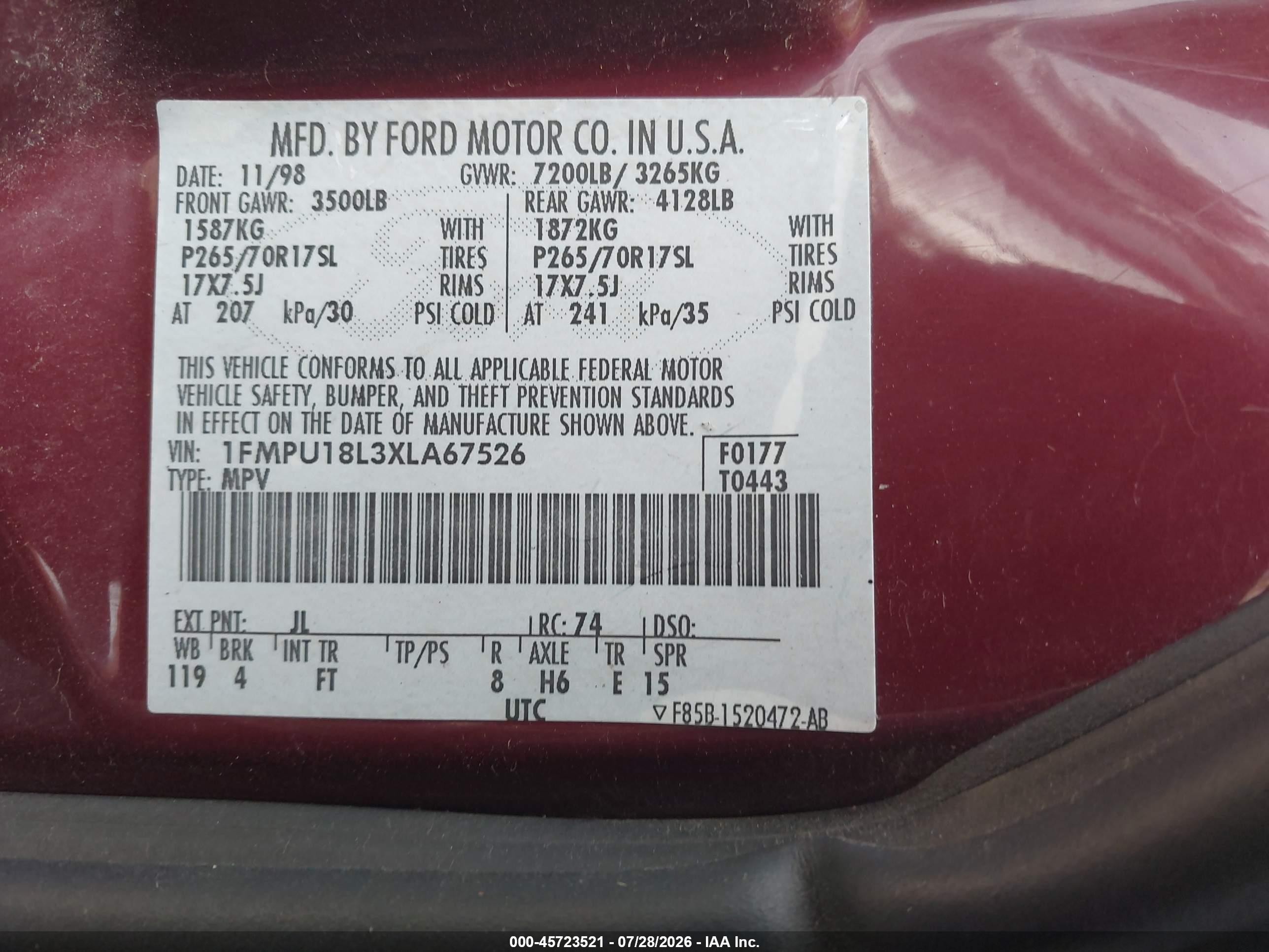 1999 Ford Expedition Eddie Bauer/xlt Red vin: 1FMPU18L3XLA67526