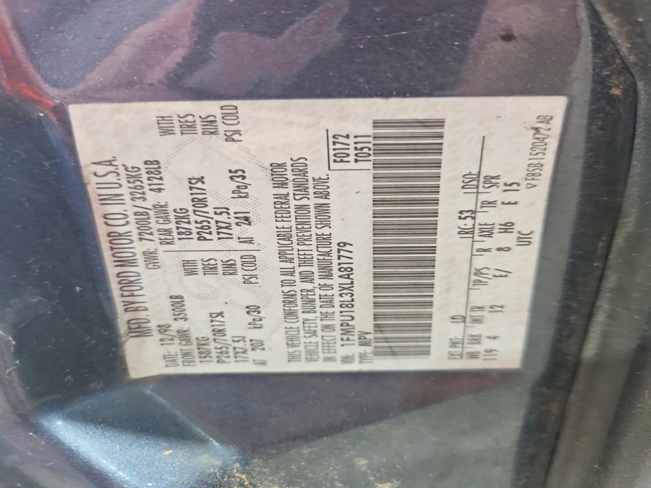 1999 Ford Expedition Blue vin: 1FMPU18L3XLA81779