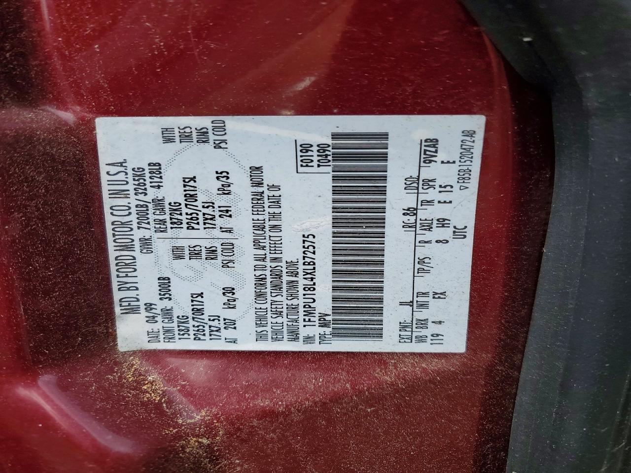 1999 Ford Expedition Maroon vin: 1FMPU18L4XLB72575