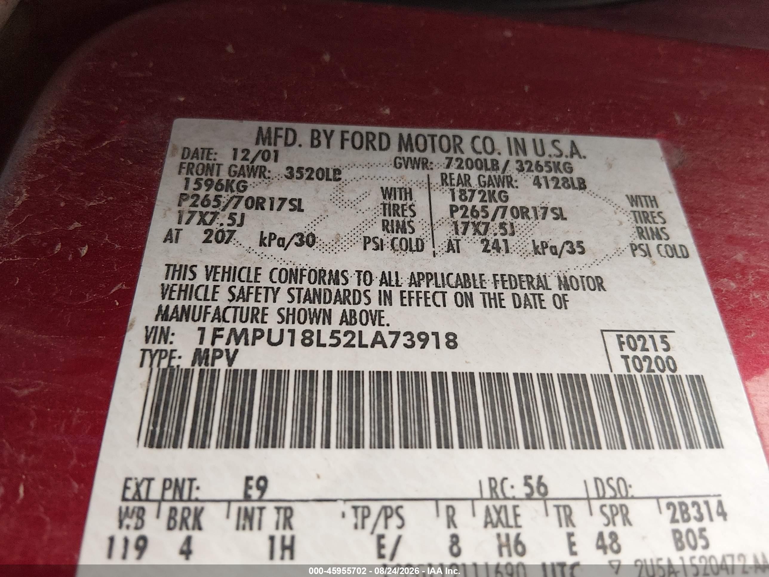 2002 Ford Expedition Eddie Bauer Red vin: 1FMPU18L52LA73918