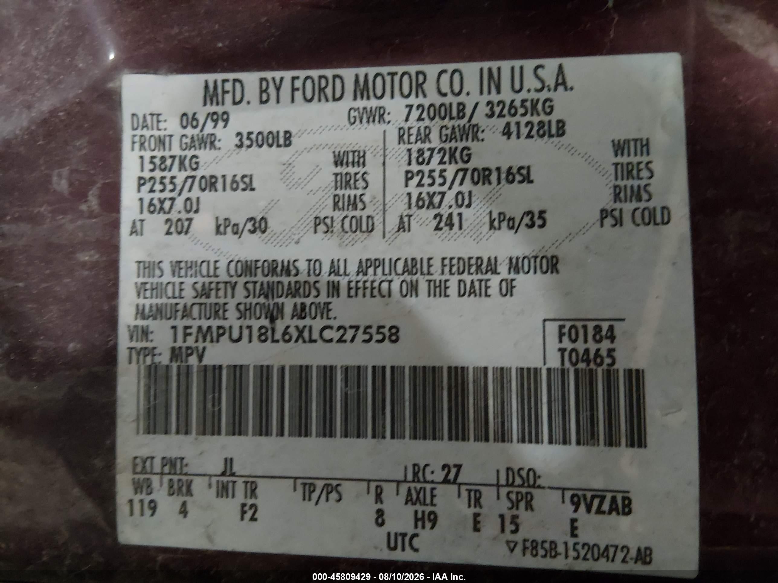 1999 Ford Expedition   Темно-бордовый vin: 1FMPU18L6XLC27558