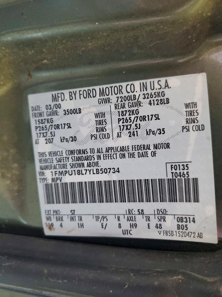 2000 Ford Expedition Eddie Bauer Green vin: 1FMPU18L7YLB50734