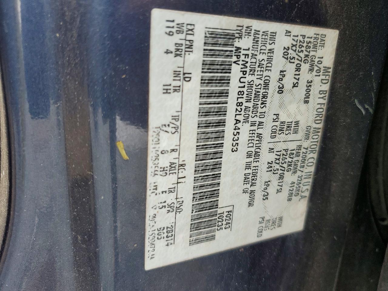 2002 Ford Expedition Eddie Bauer Blue vin: 1FMPU18L82LA45353