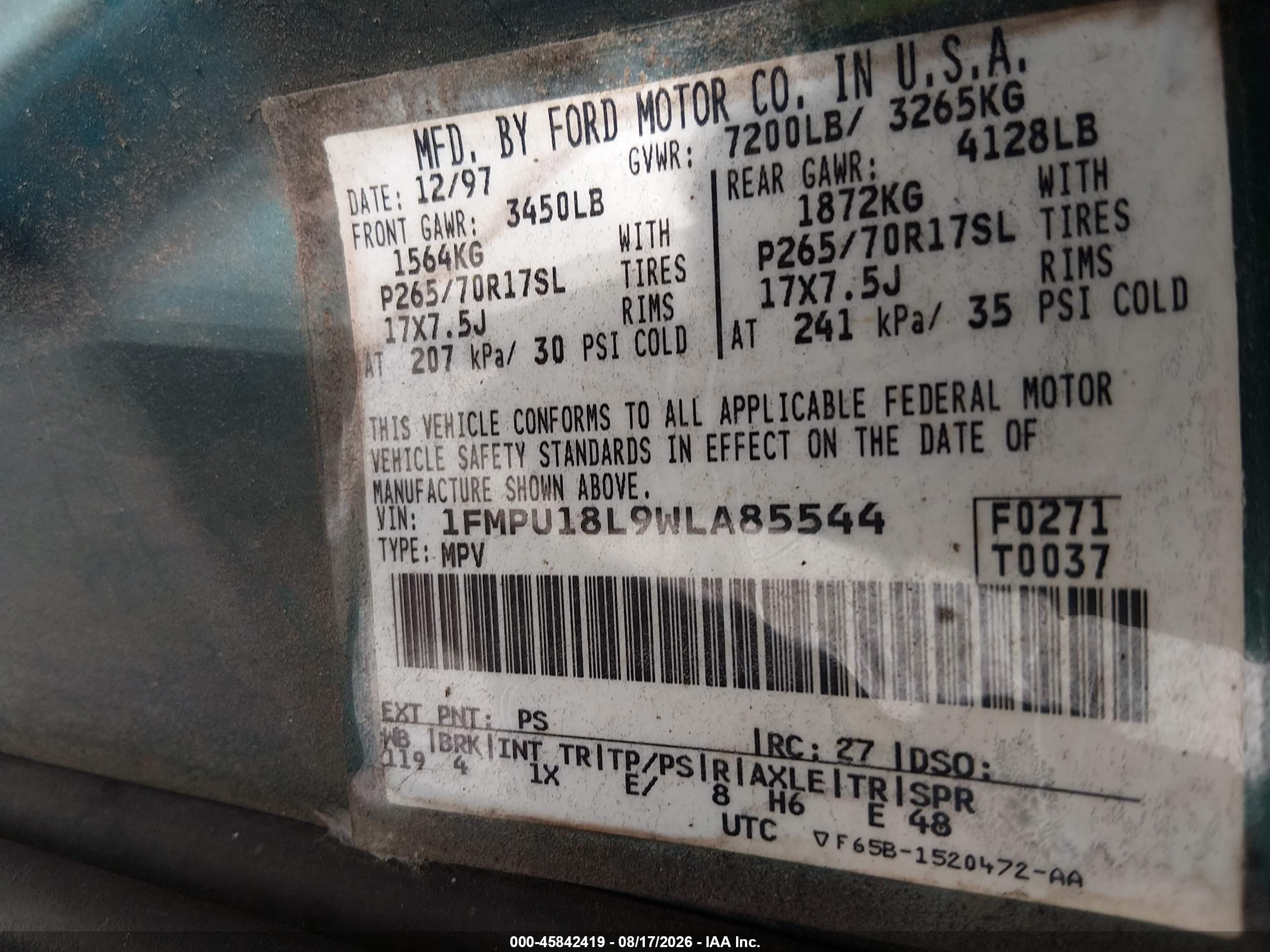 1998 Ford Expedition Eddie Bauer/xlt Green vin: 1FMPU18L9WLA85544