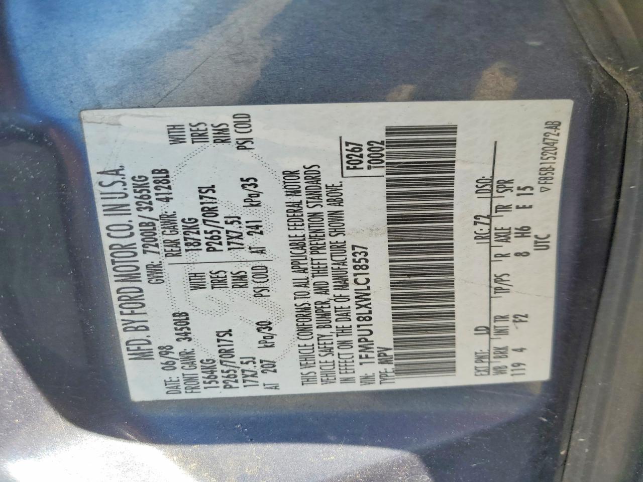 1998 Ford Expedition Blue vin: 1FMPU18LXWLC18537