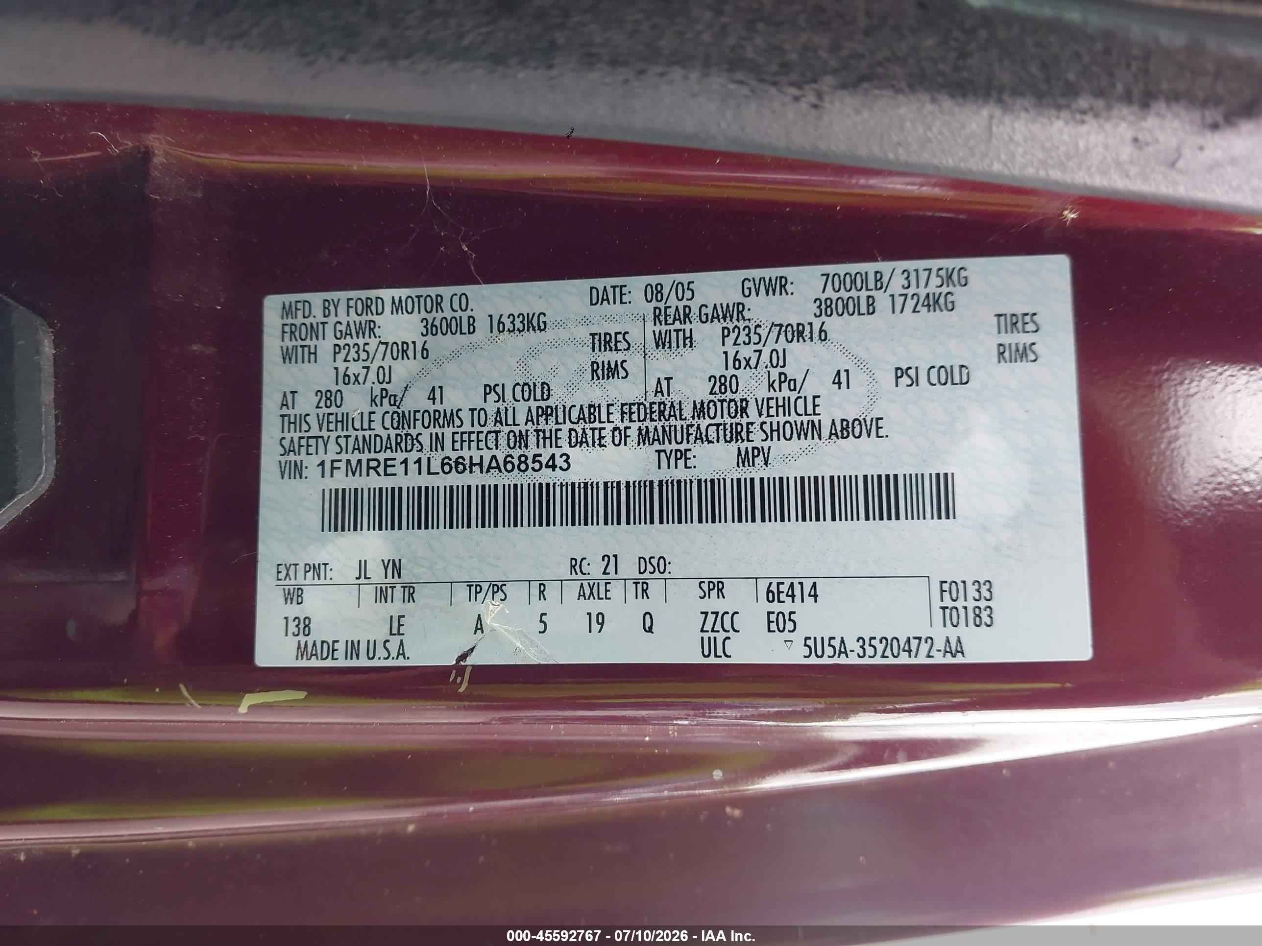 2006 Ford E-150 Xl/xlt Maroon vin: 1FMRE11L66HA68543