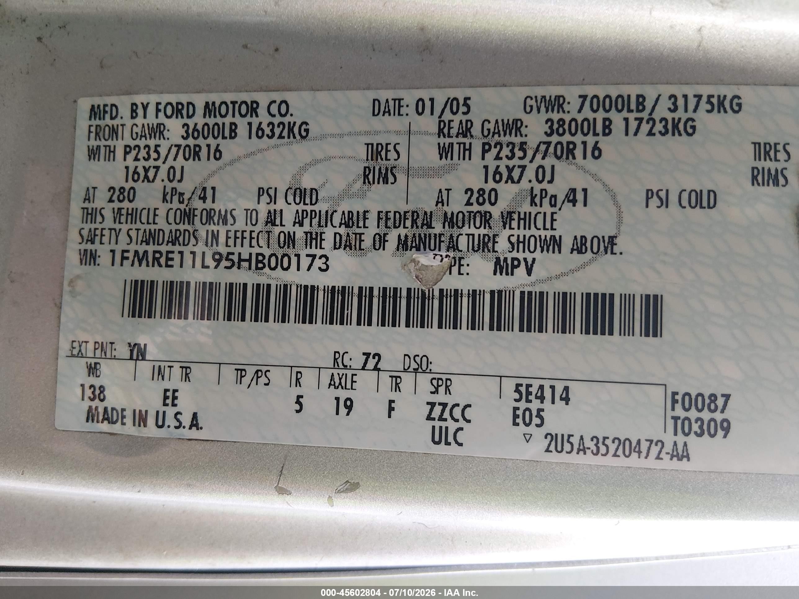 2005 Ford E-150 Chateau/xl/xlt Silver vin: 1FMRE11L95HB00173