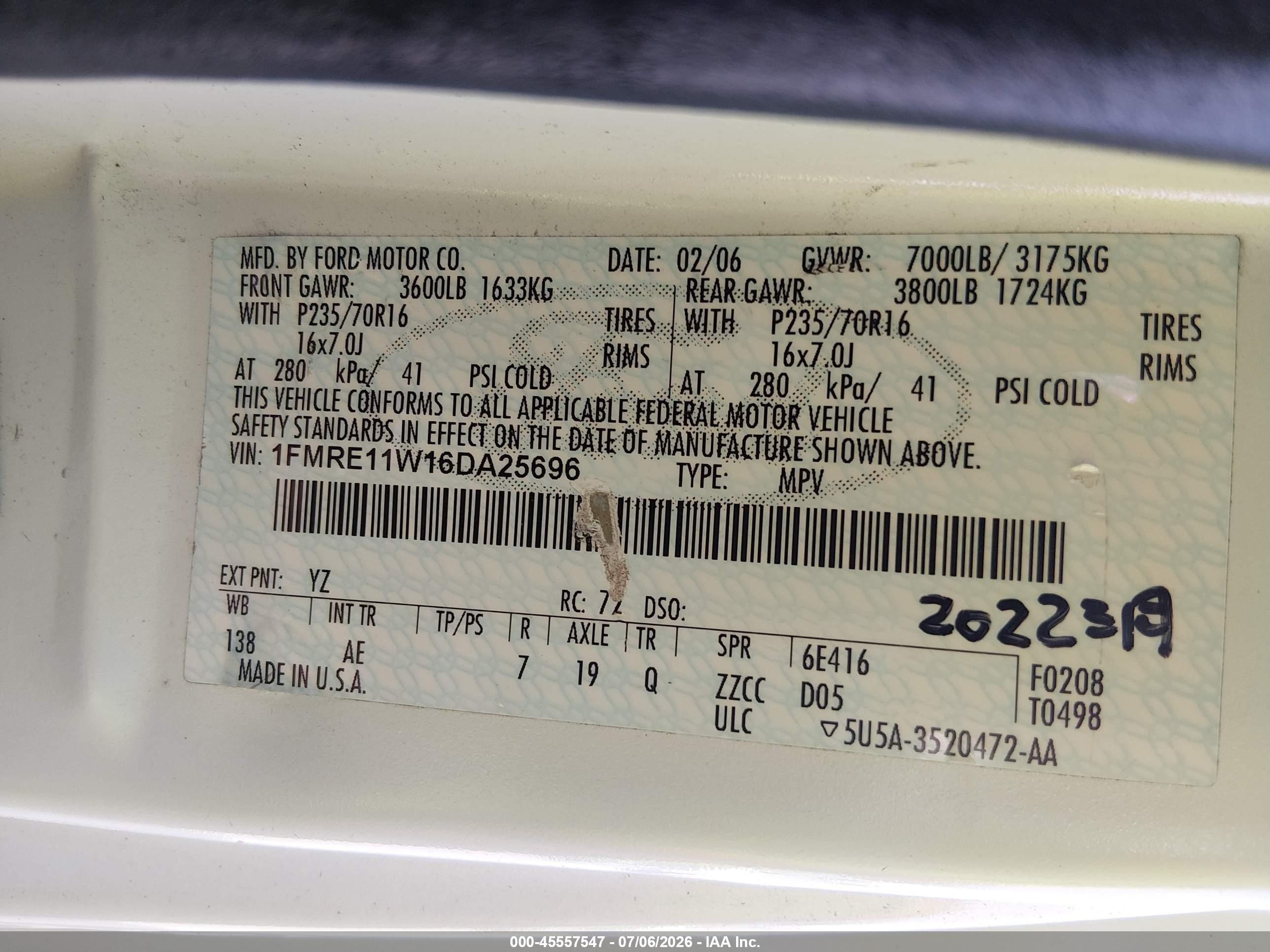 2006 Ford E-150 Xl/xlt White vin: 1FMRE11W16DA25696