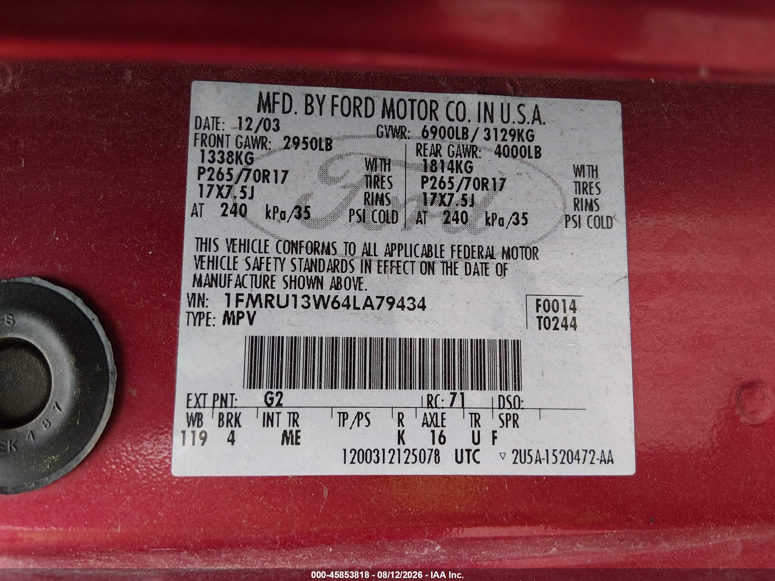 2004 Ford Expedition Xls Red vin: 1FMRU13W64LA79434