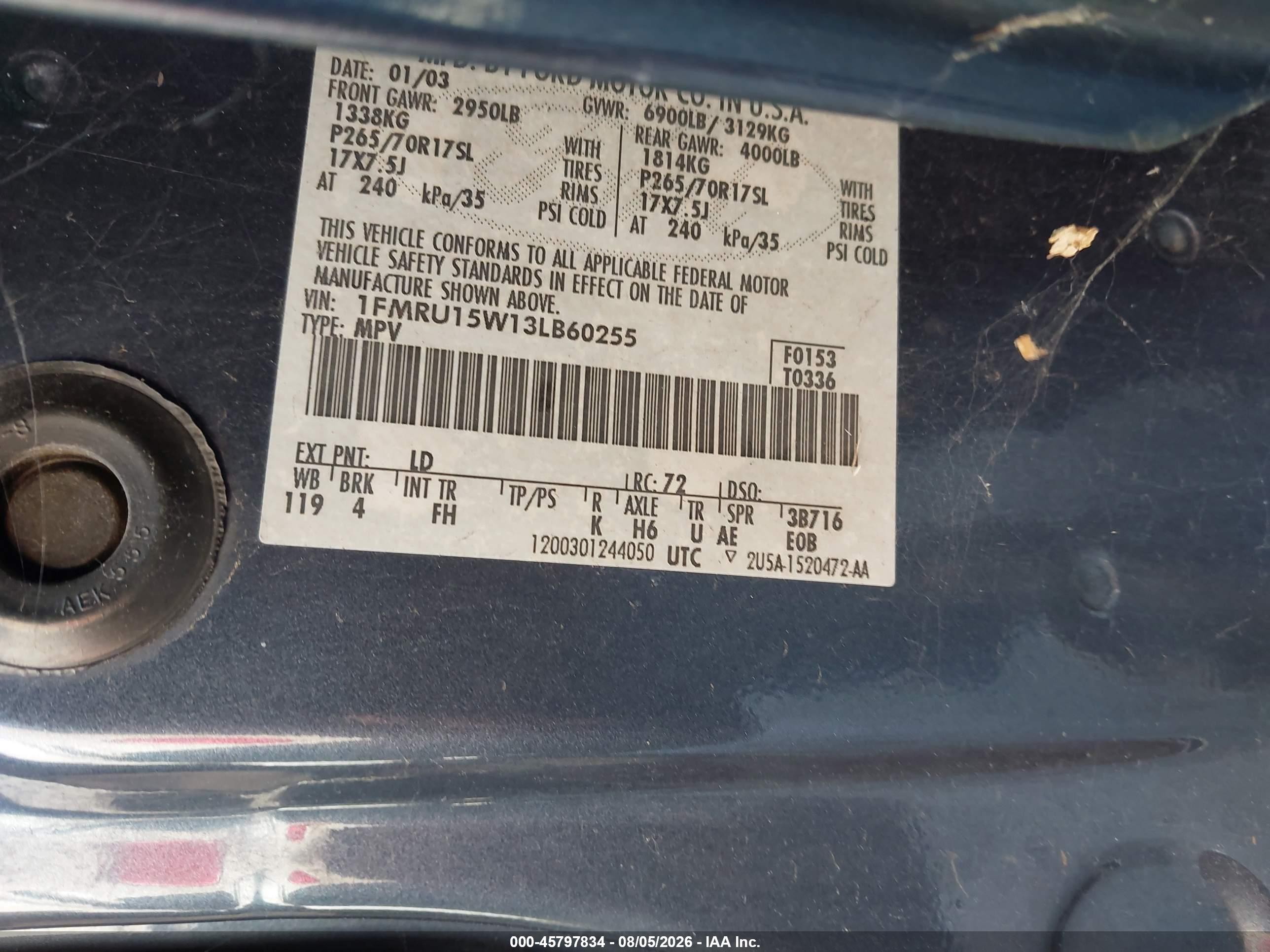 2003 Ford Expedition Xlt Blue vin: 1FMRU15W13LB60255