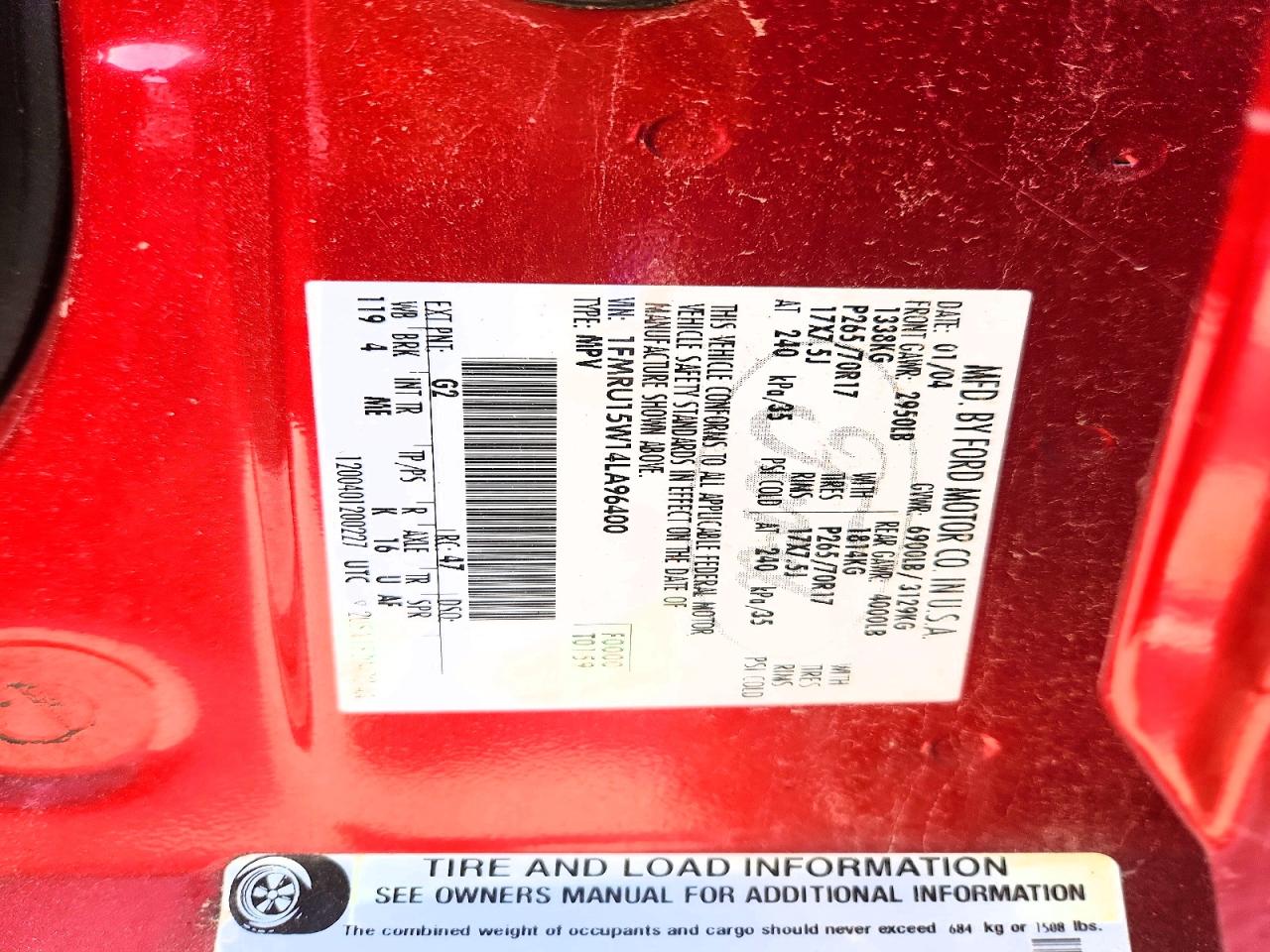 2004 Ford Expedition Xlt Burgundy vin: 1FMRU15W14LA96400