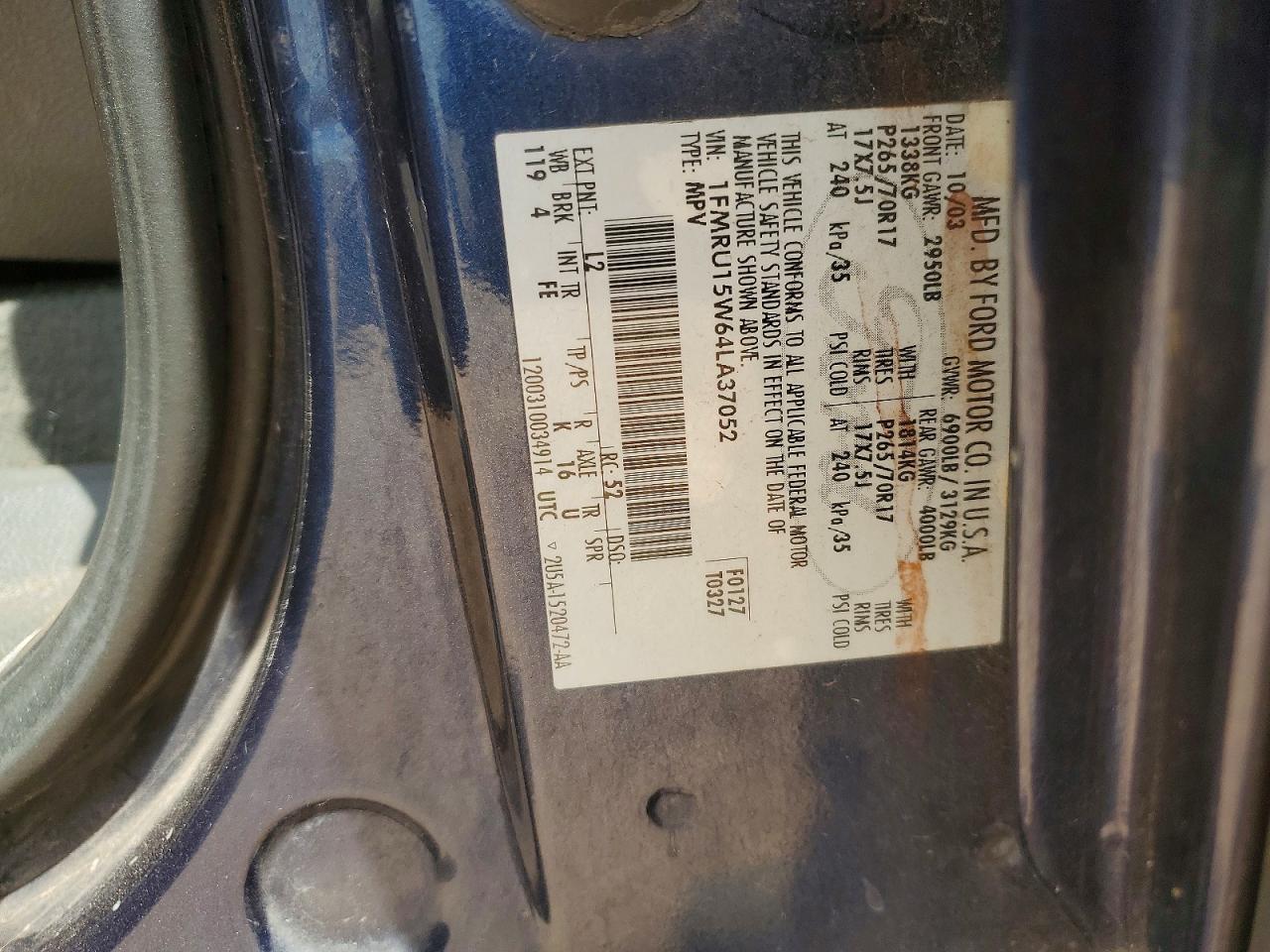 2004 Ford Expedition Xlt Blue vin: 1FMRU15W64LA37052
