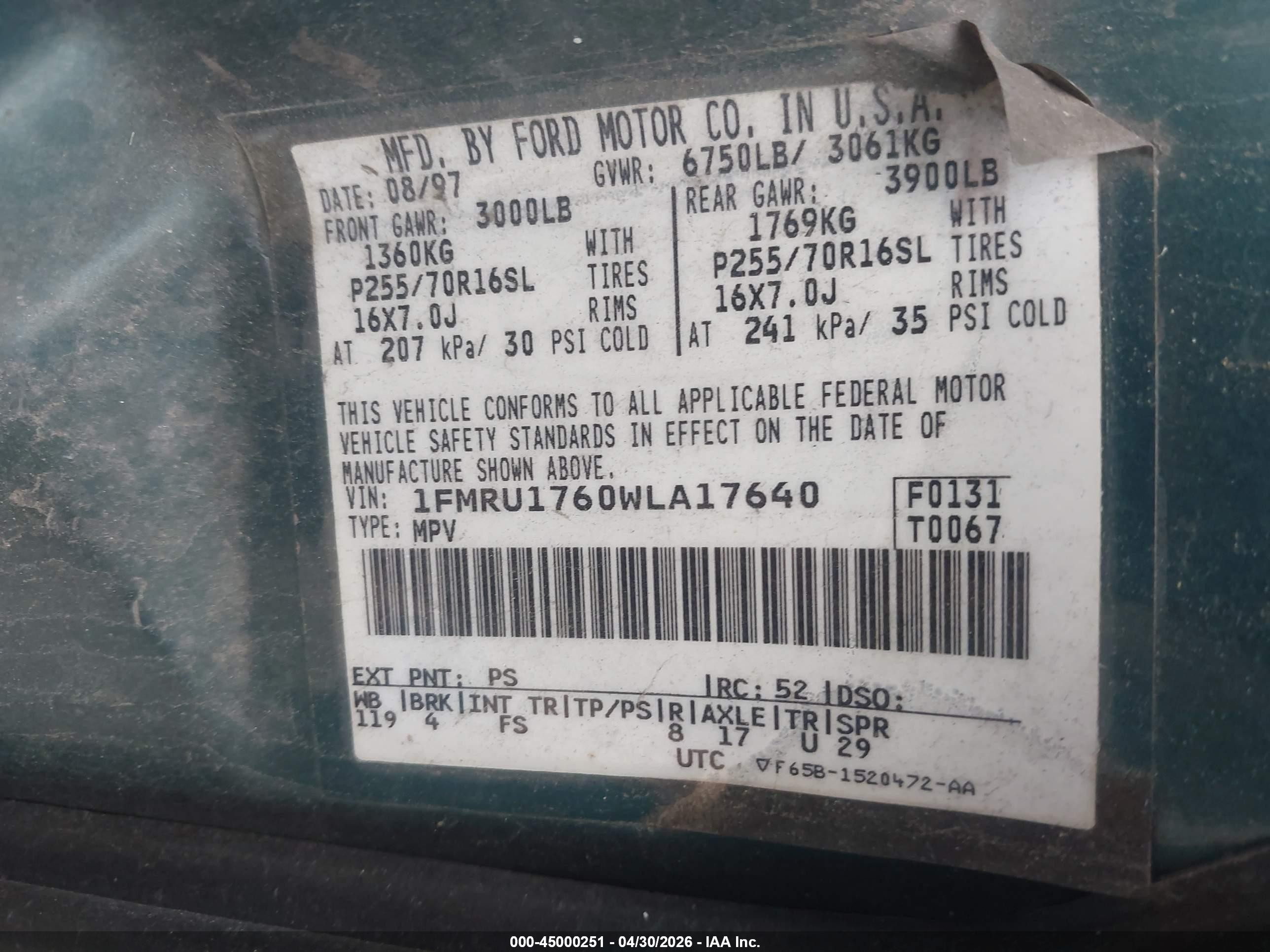 1998 Ford Expedition Eddie Bauer/xlt Green vin: 1FMRU1760WLA17640