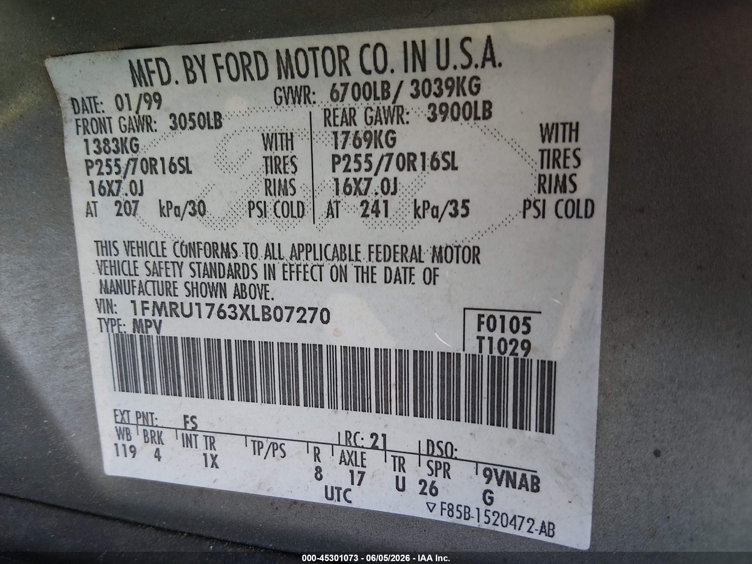 1999 Ford Expedition Eddie Bauer/xlt Gray vin: 1FMRU1763XLB07270