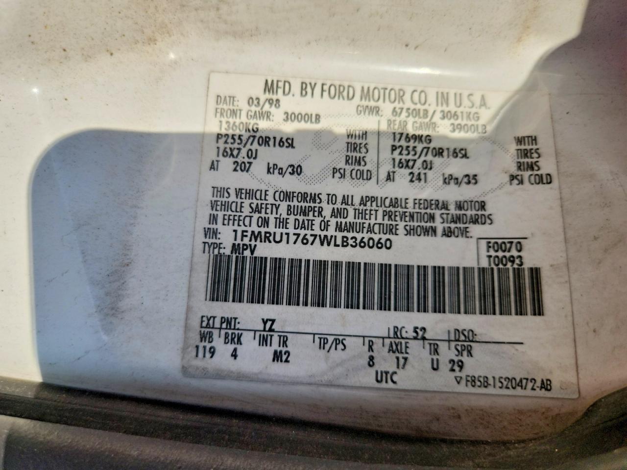 1998 Ford Expedition White vin: 1FMRU1767WLB36060