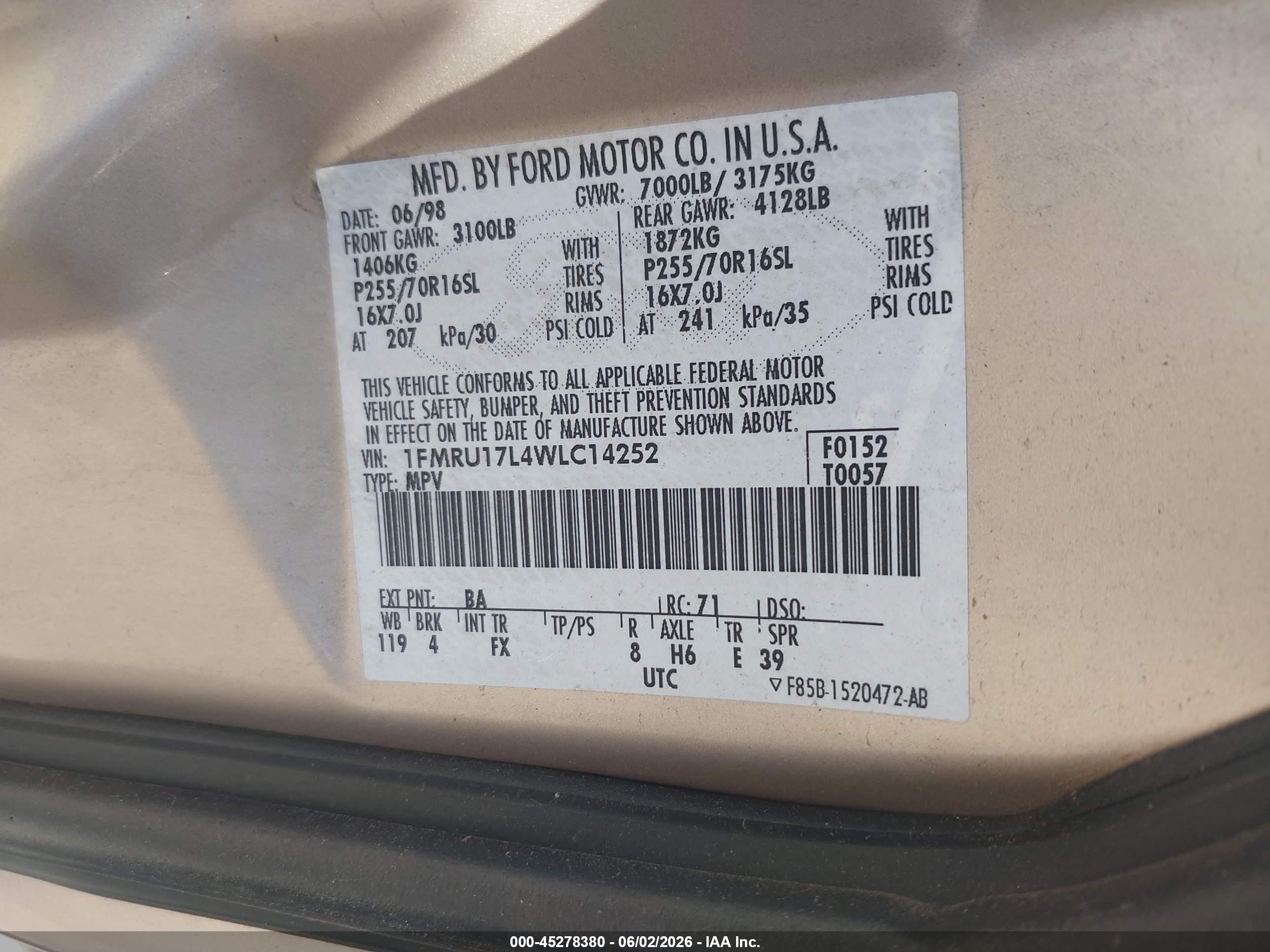 1998 Ford Expedition Eddie Bauer/xlt Tan vin: 1FMRU17L4WLC14252