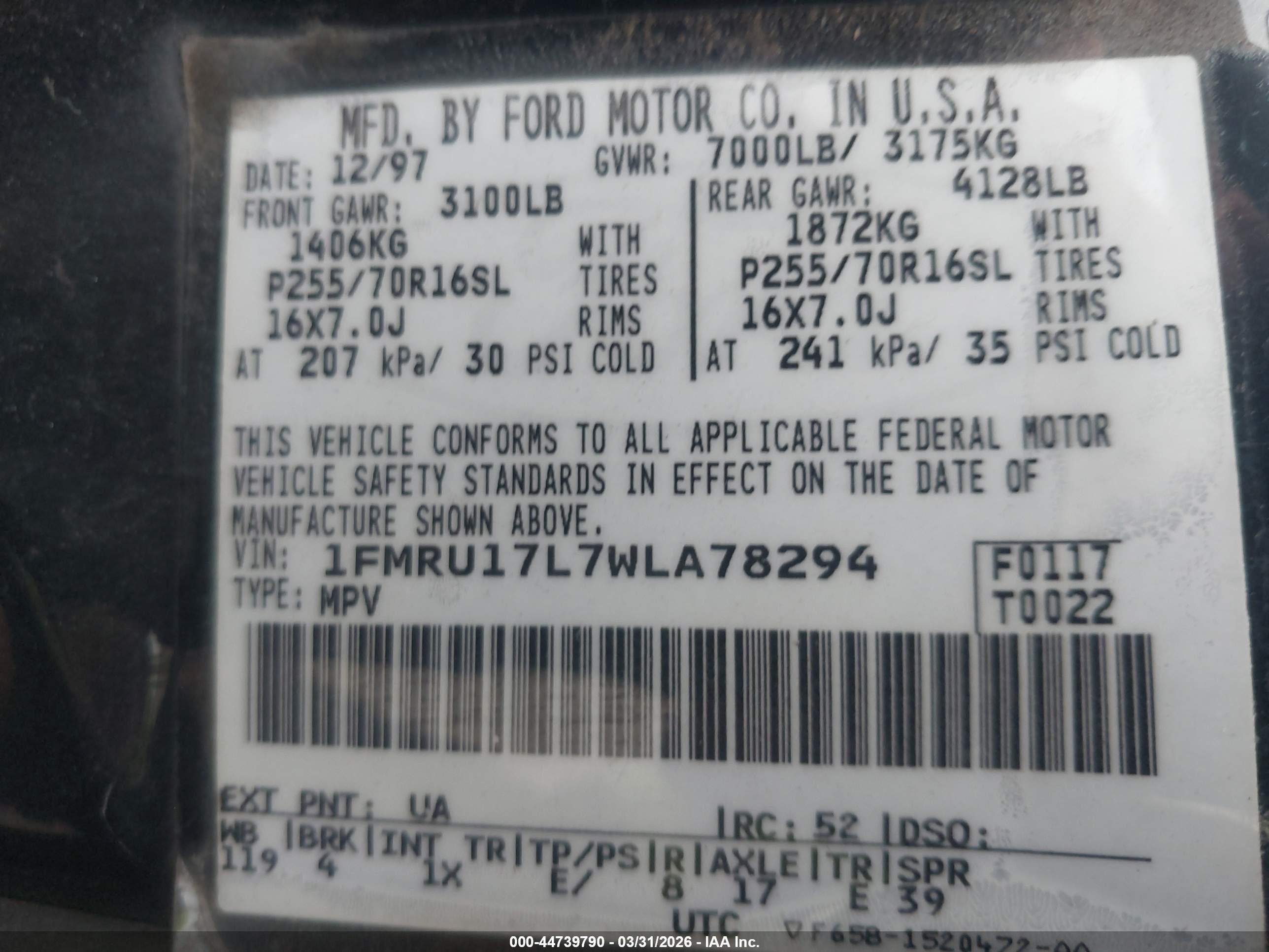 1998 Ford Expedition Eddie Bauer/xlt Blue vin: 1FMRU17L7WLA78294